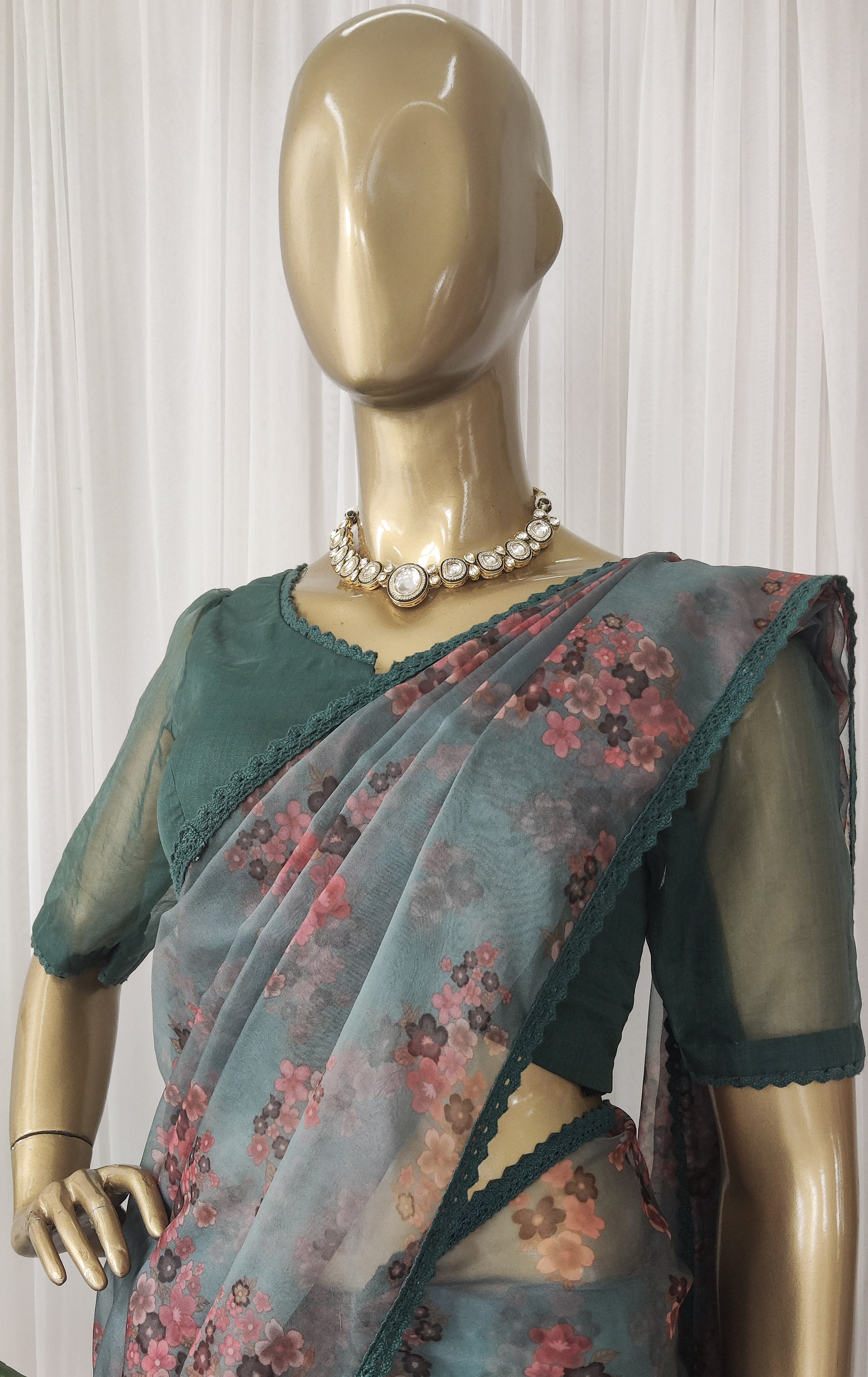 Seaweed Green Floral Organza Saree