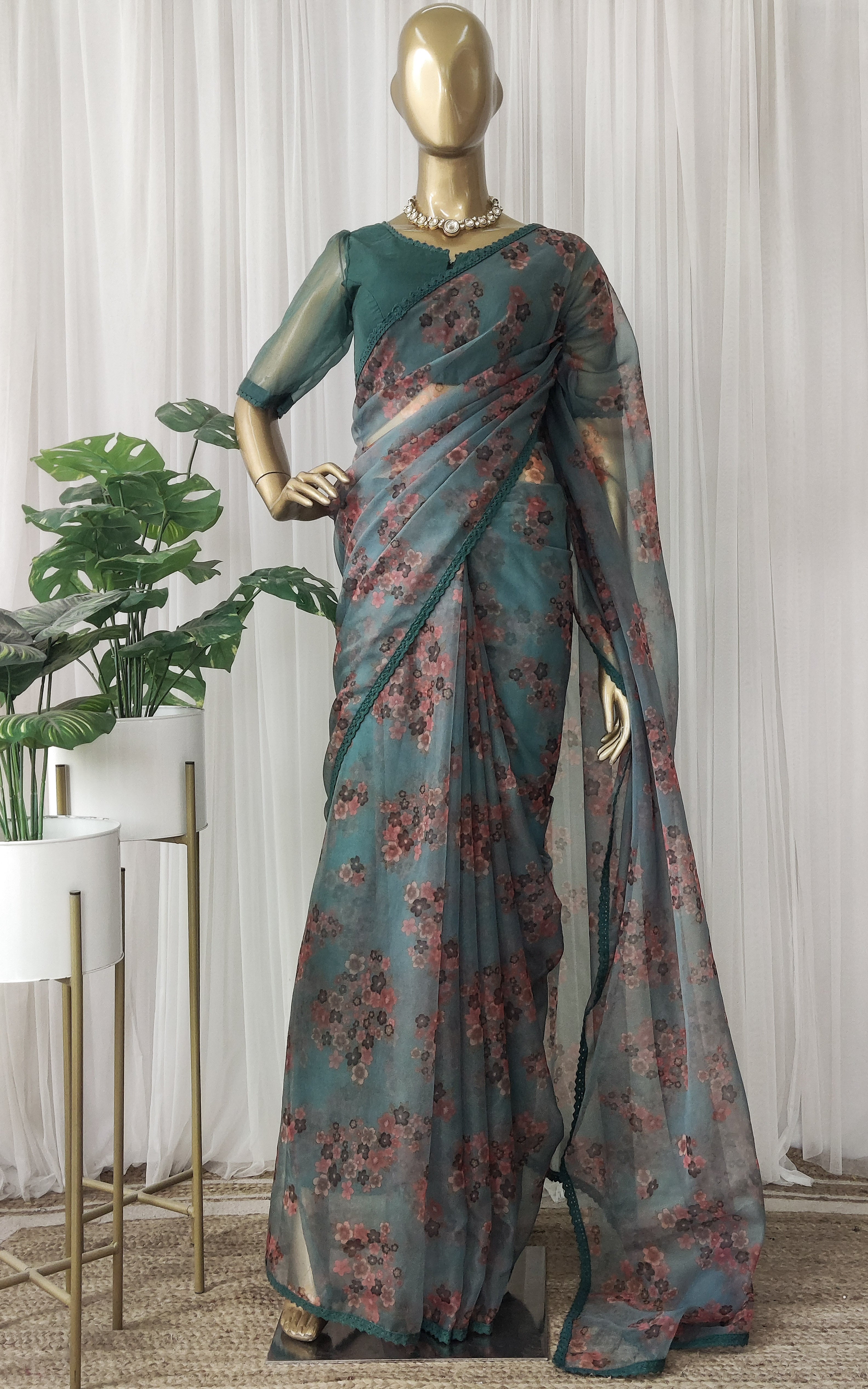 Seaweed Green Floral Organza Saree