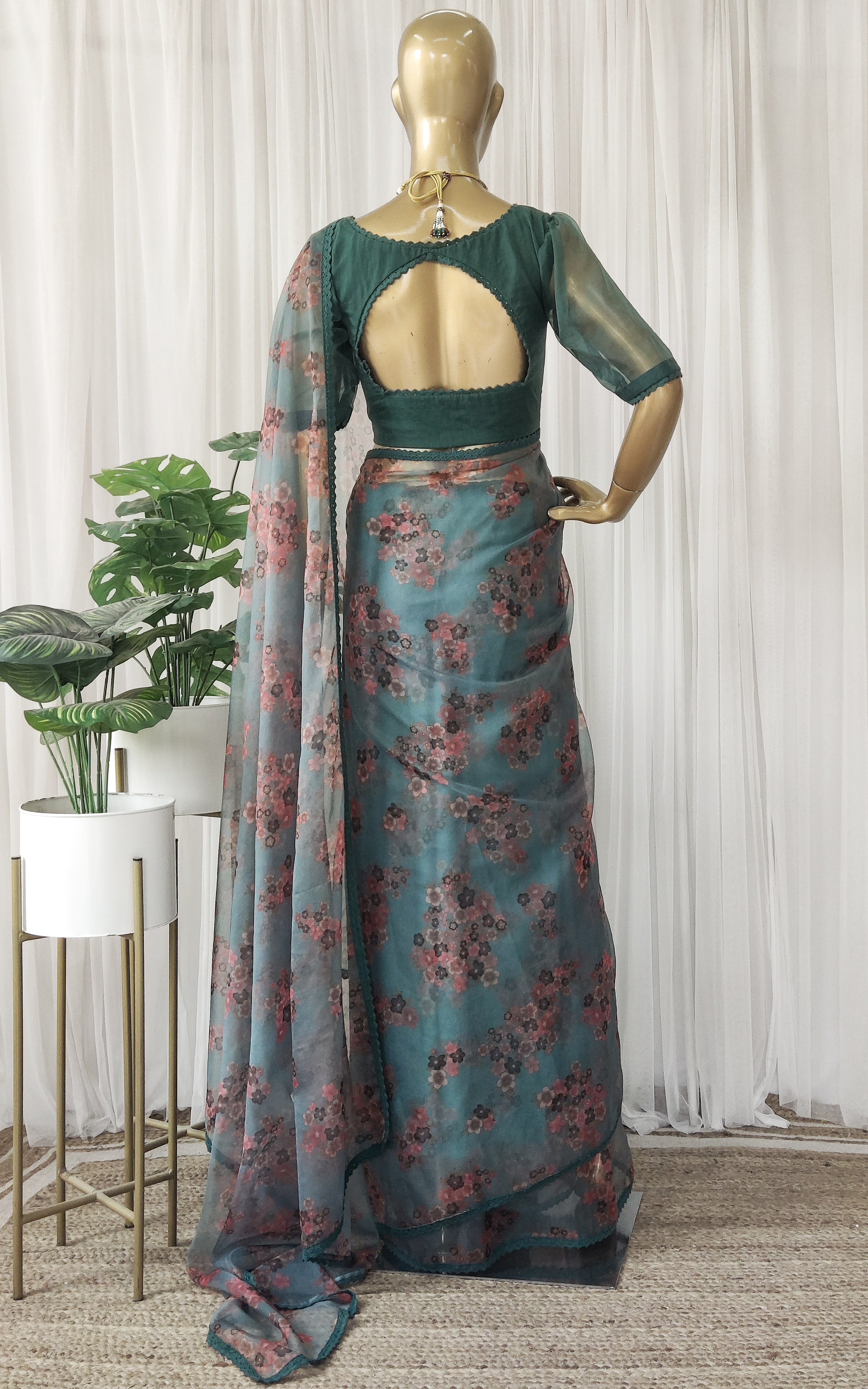 Seaweed Green Floral Organza Saree