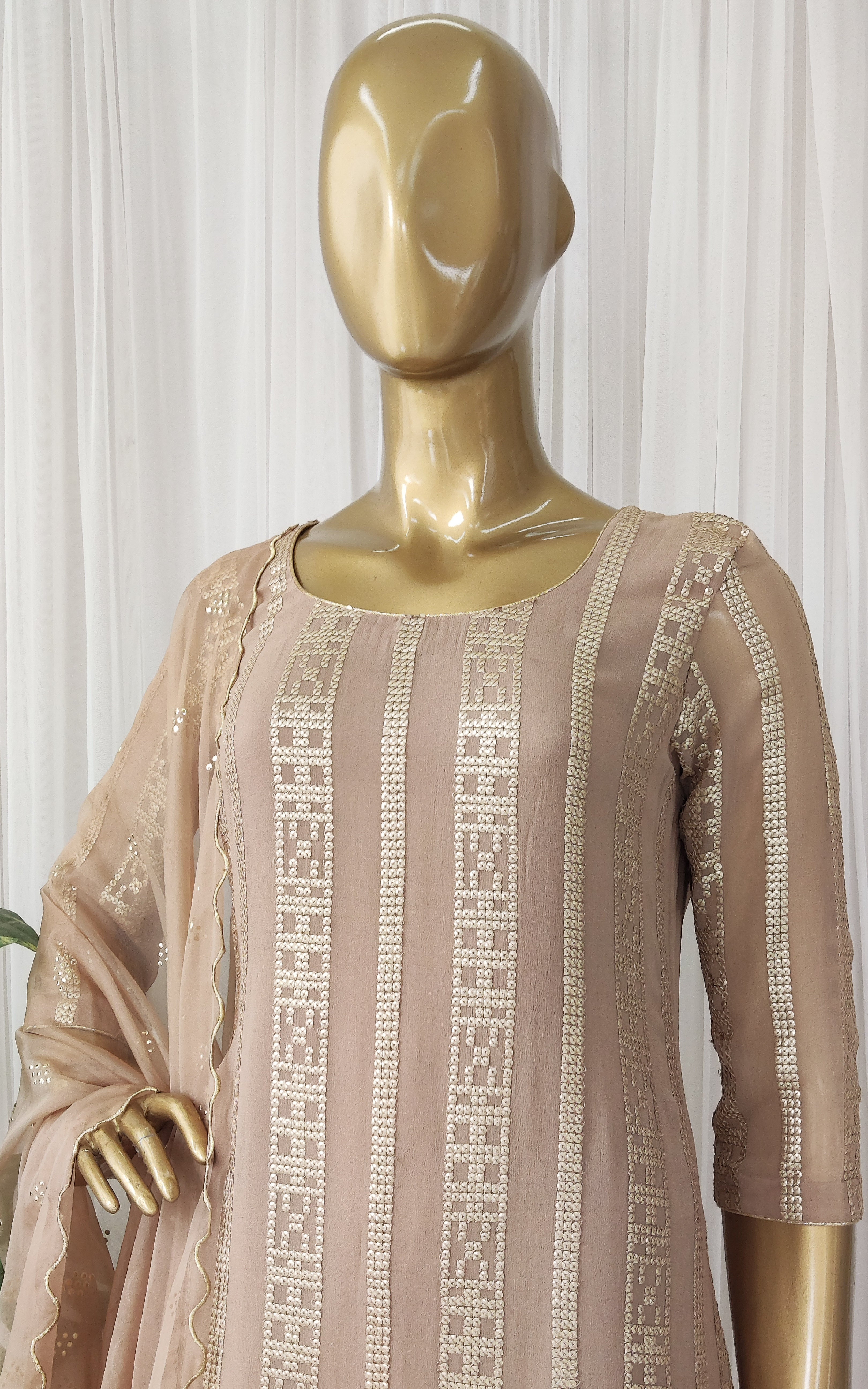 Walnut Sequin Kurta Pant Set with Organza Dupatta