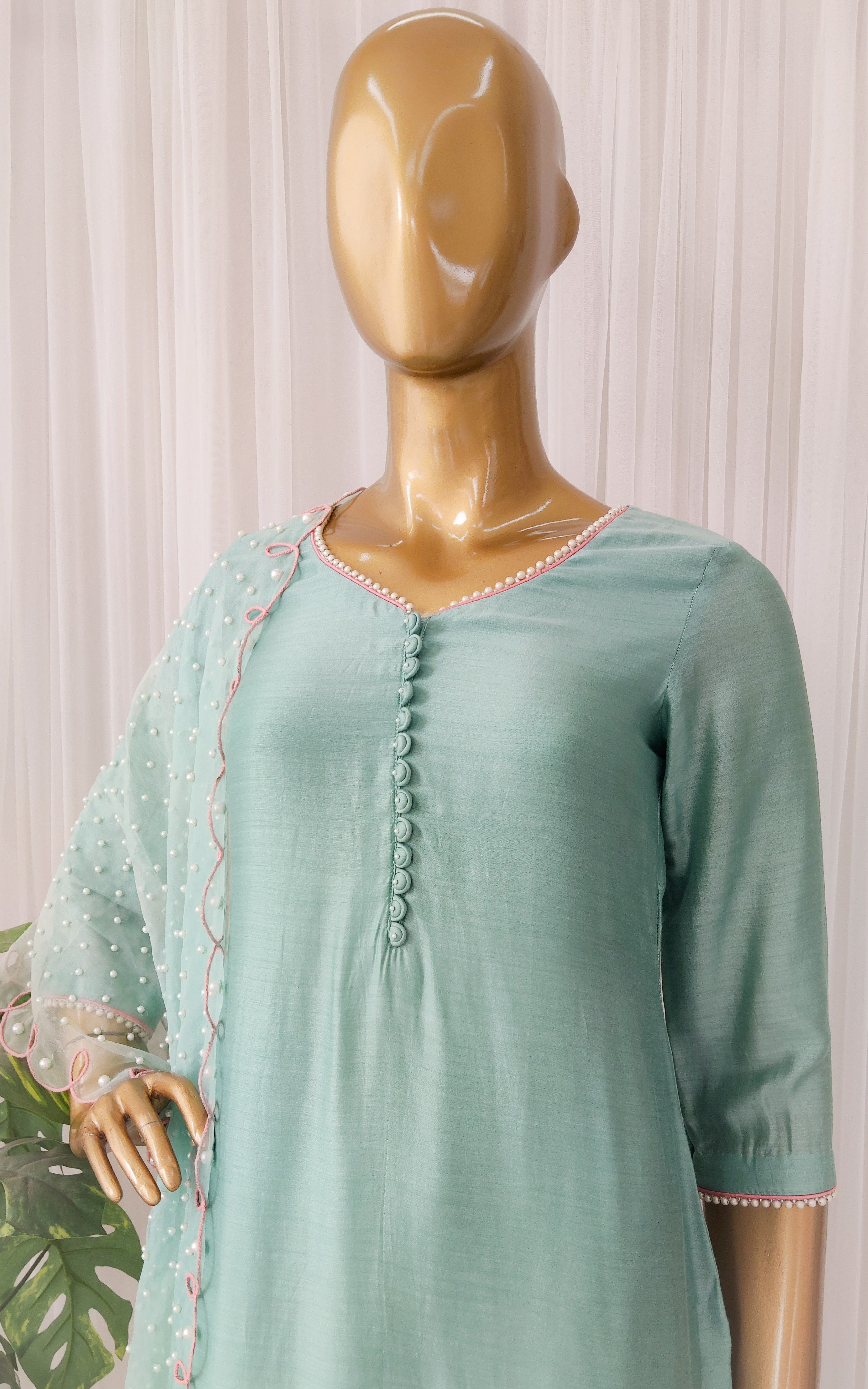 Aqua Kurta Set with Pearl Work Organza Cutwork Dupatta