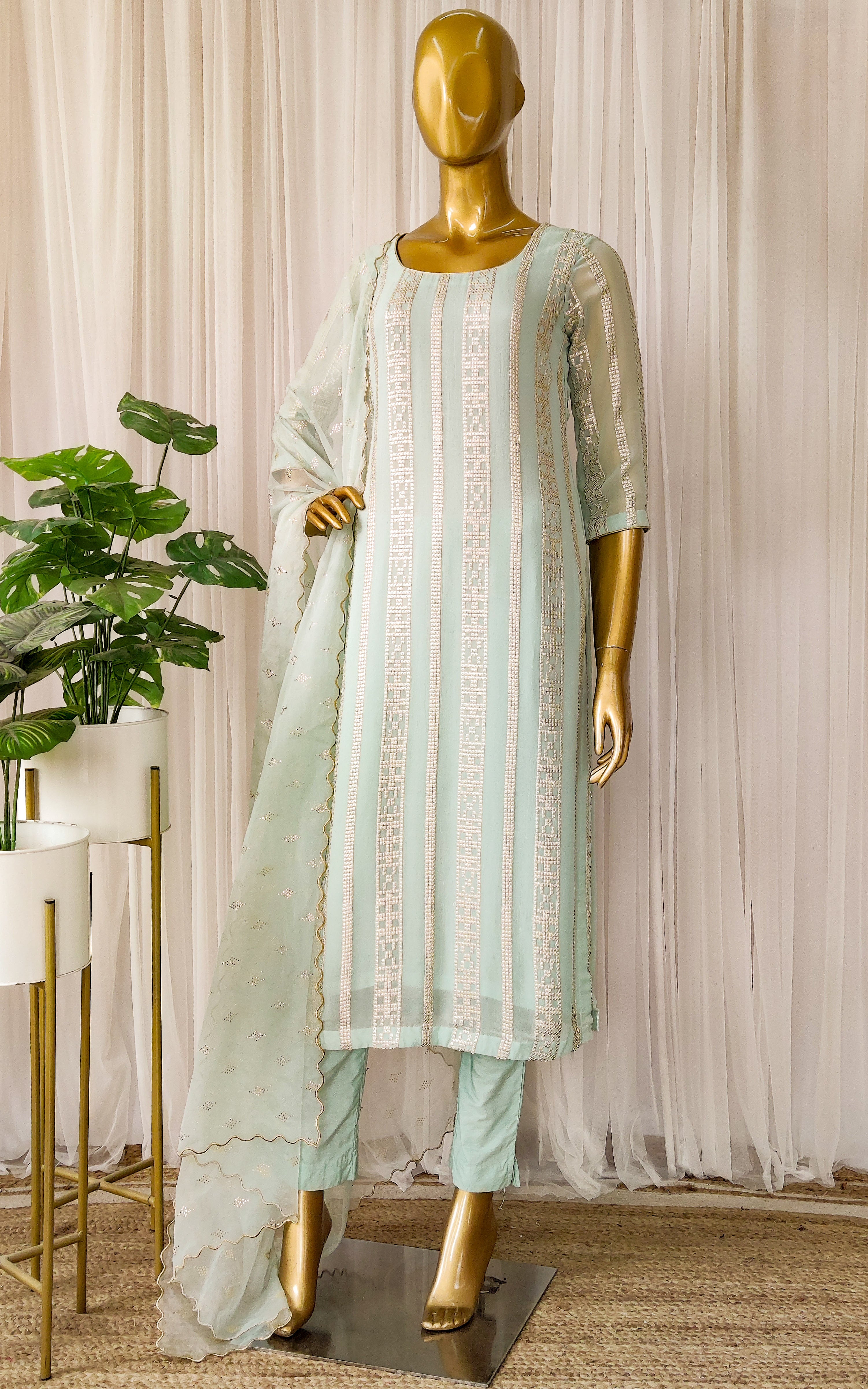 Sea Green Kurta Pant Set with Organza Dupatta