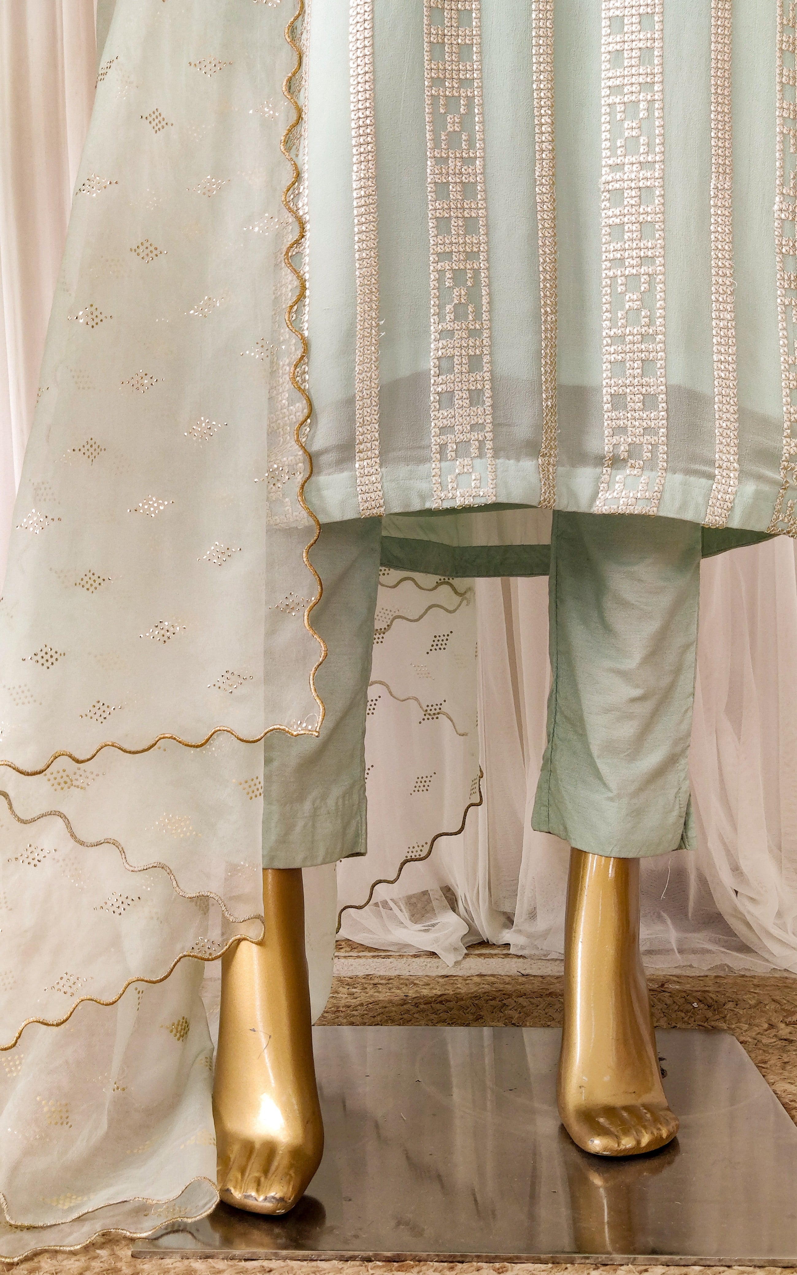 Sea Green Kurta Pant Set with Organza Dupatta