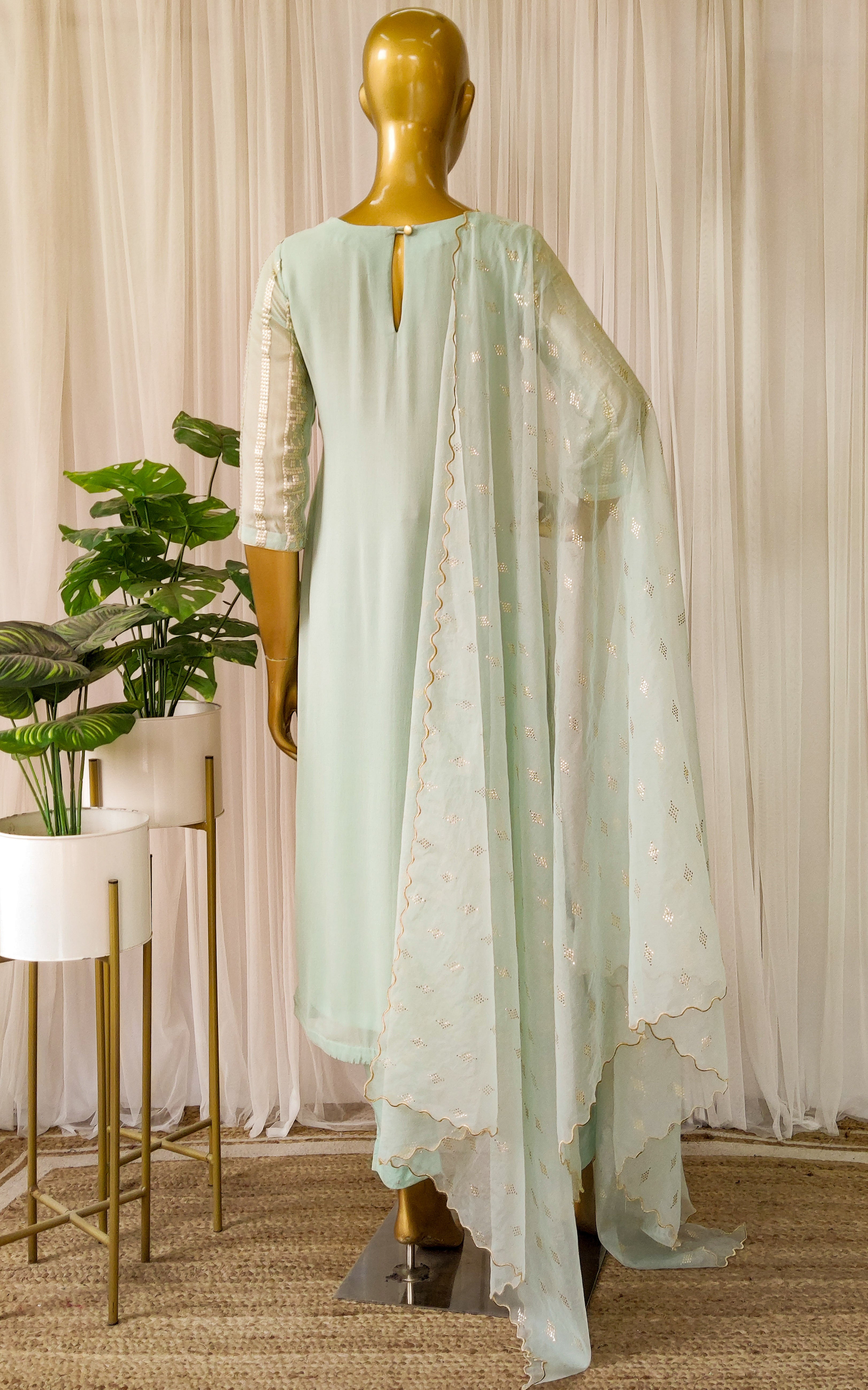 Sea Green Kurta Pant Set with Organza Dupatta