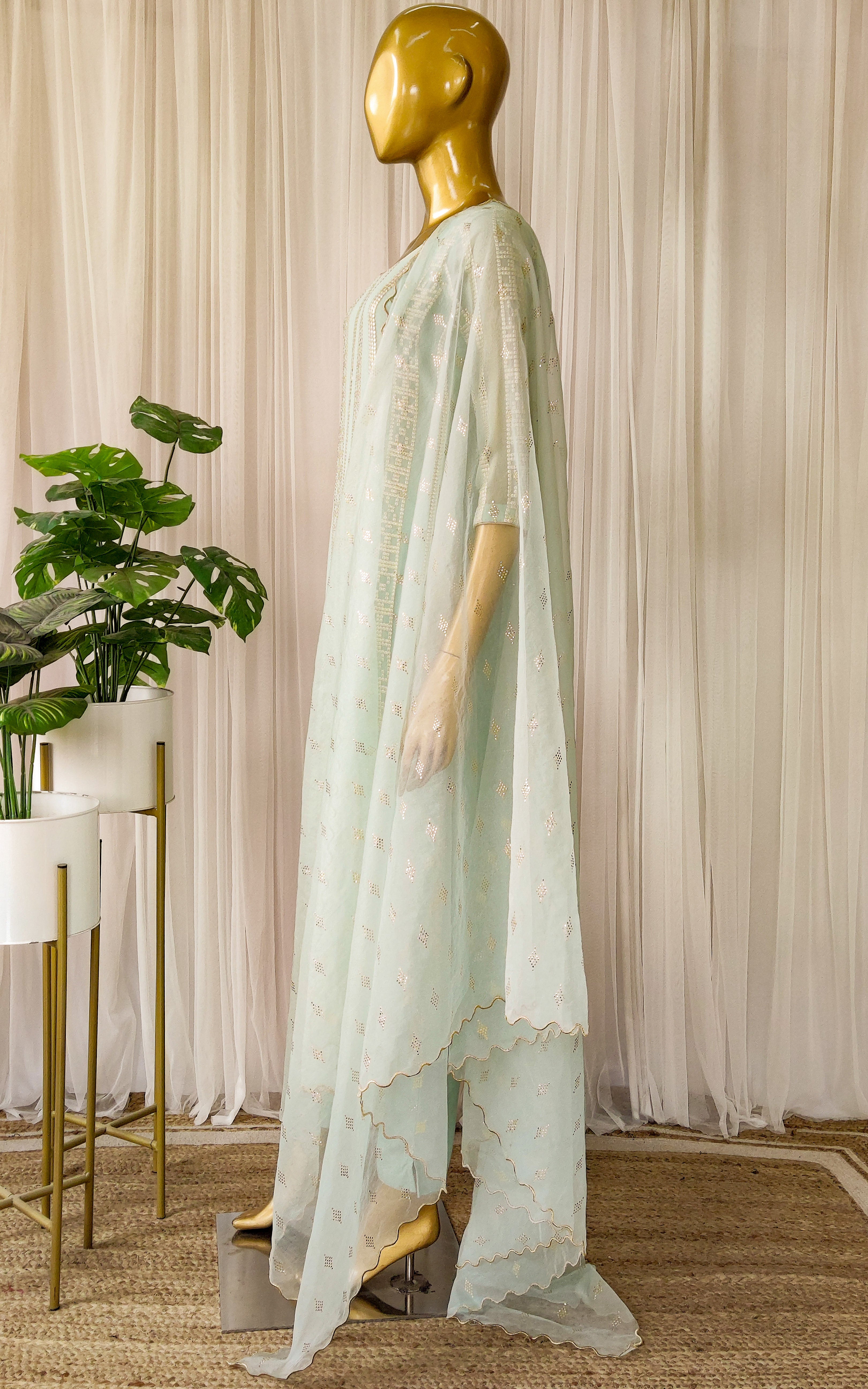 Sea Green Kurta Pant Set with Organza Dupatta