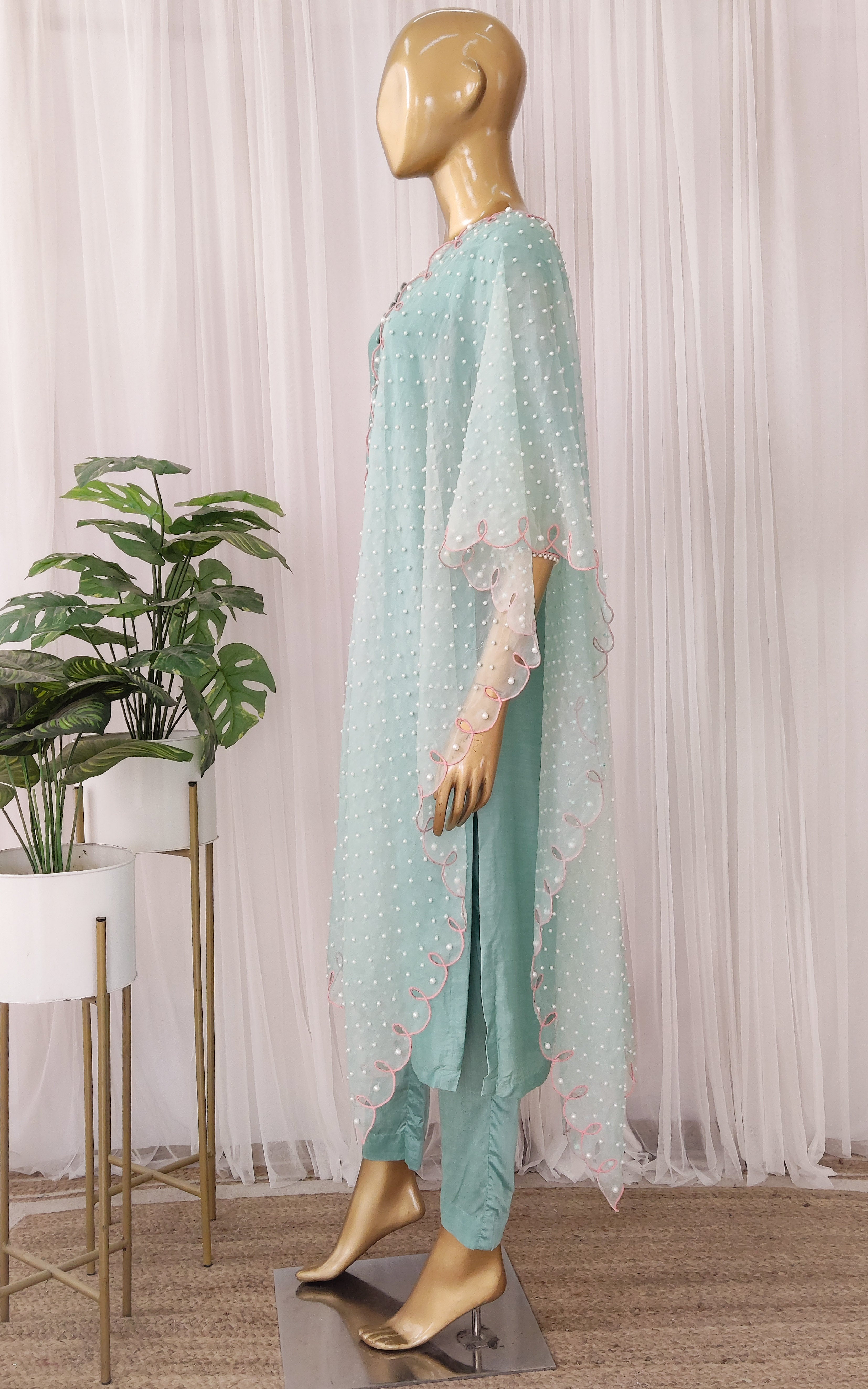 Aqua Kurta Set with Pearl Work Organza Cutwork Dupatta