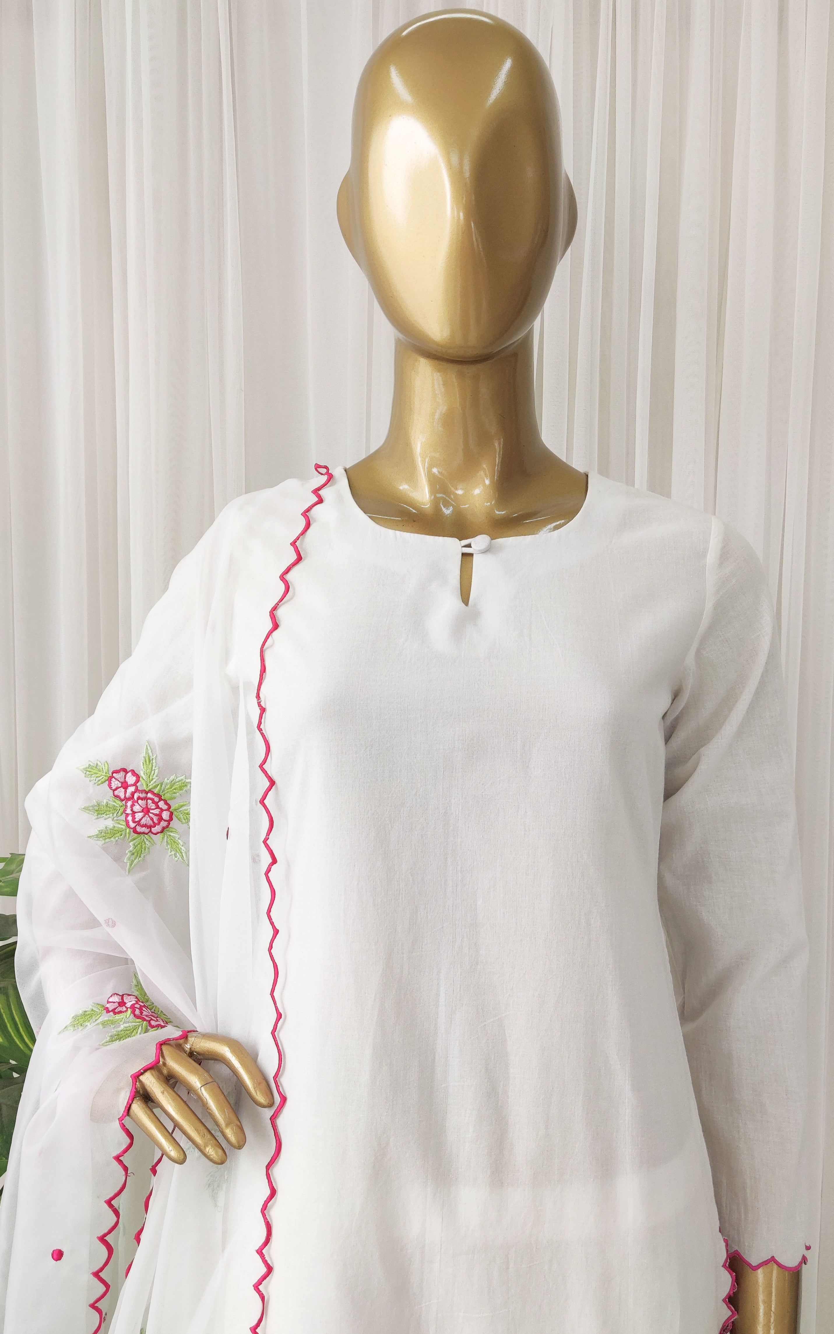 White Cotton Kurta Set with Embroidered Organza Dupatta