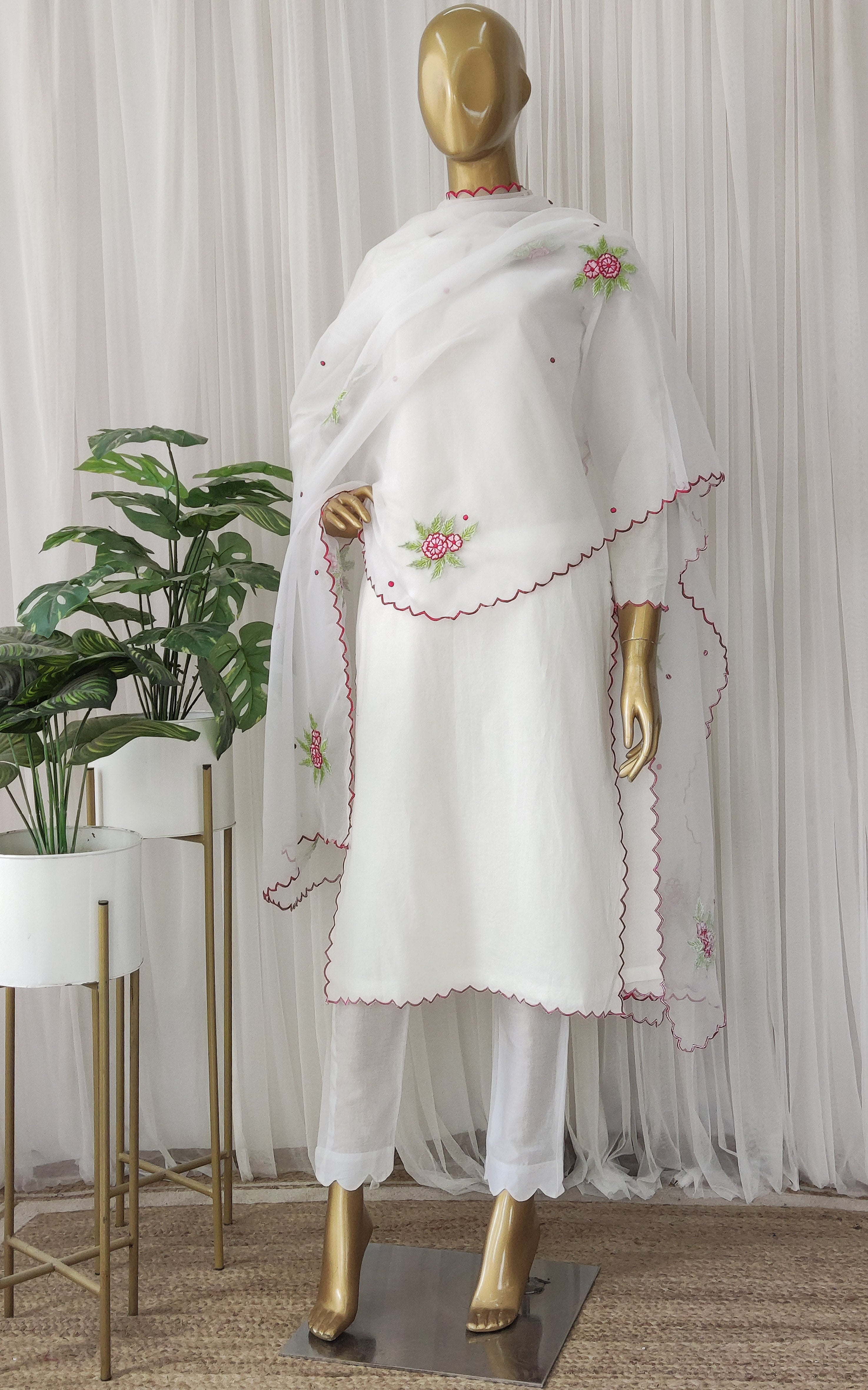 White Cotton Kurta Set with Embroidered Organza Dupatta