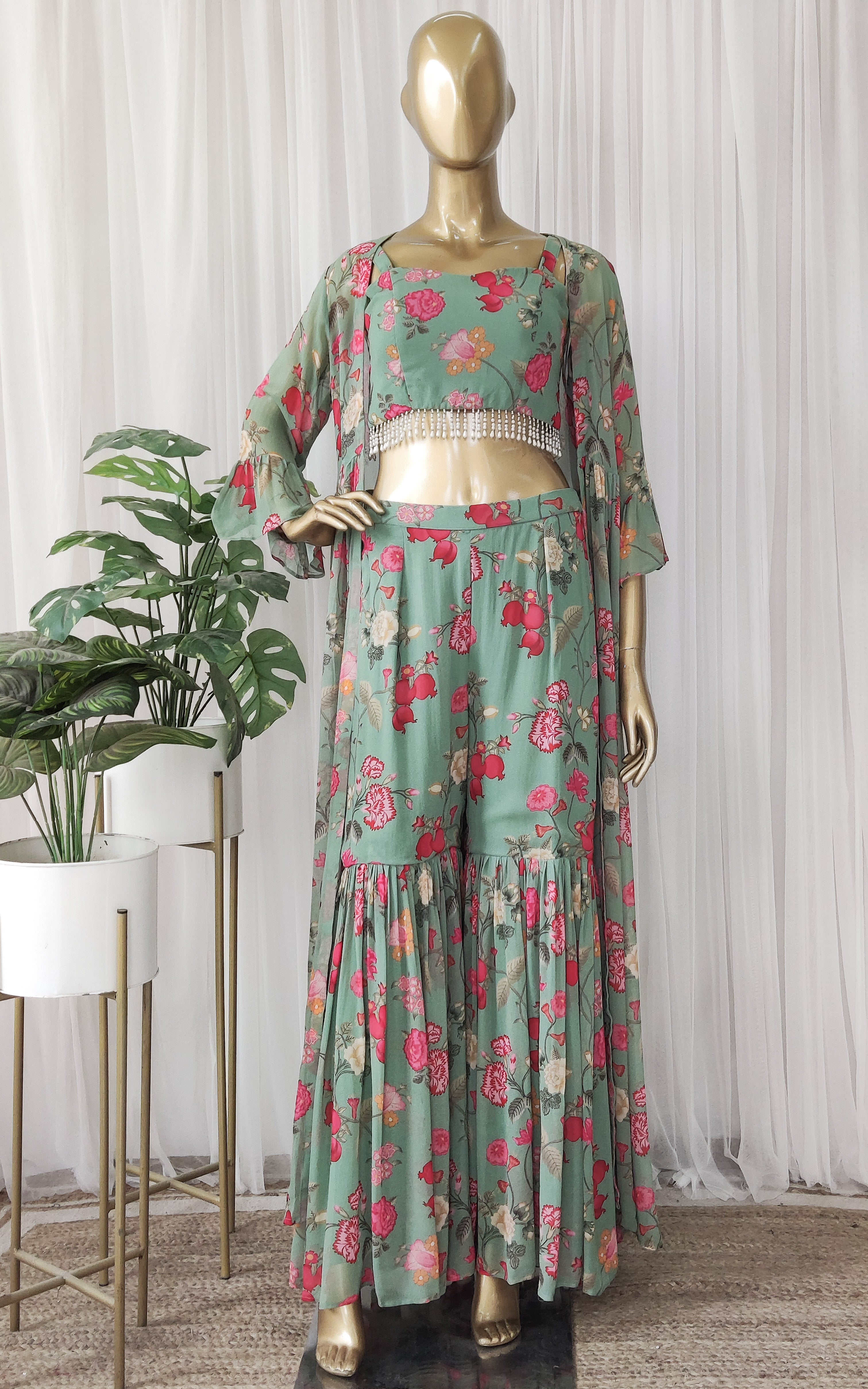 Asparagus Green Printed Georgette Crop-Top & Sharara Set