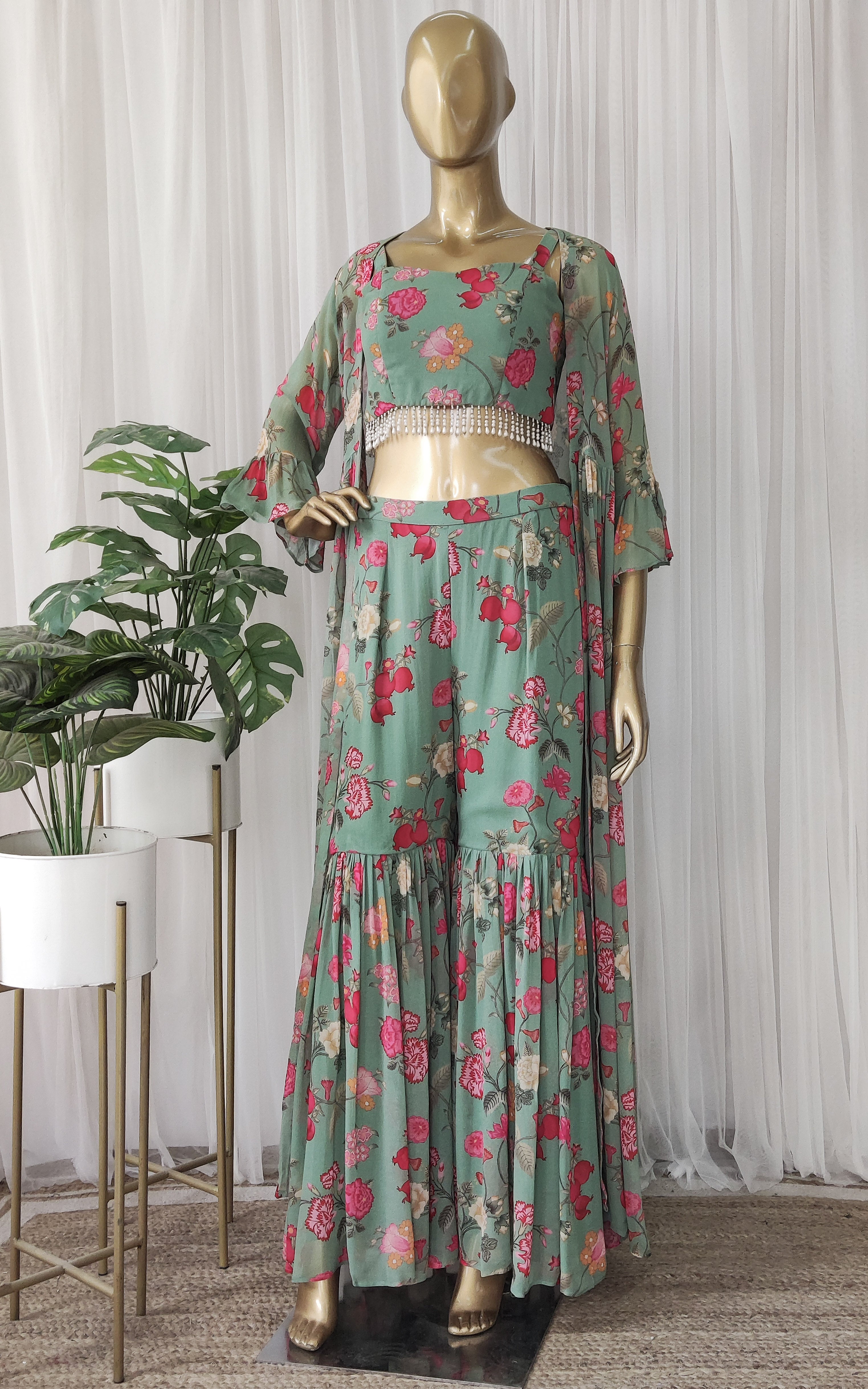 Asparagus Green Printed Georgette Crop-Top & Sharara Set