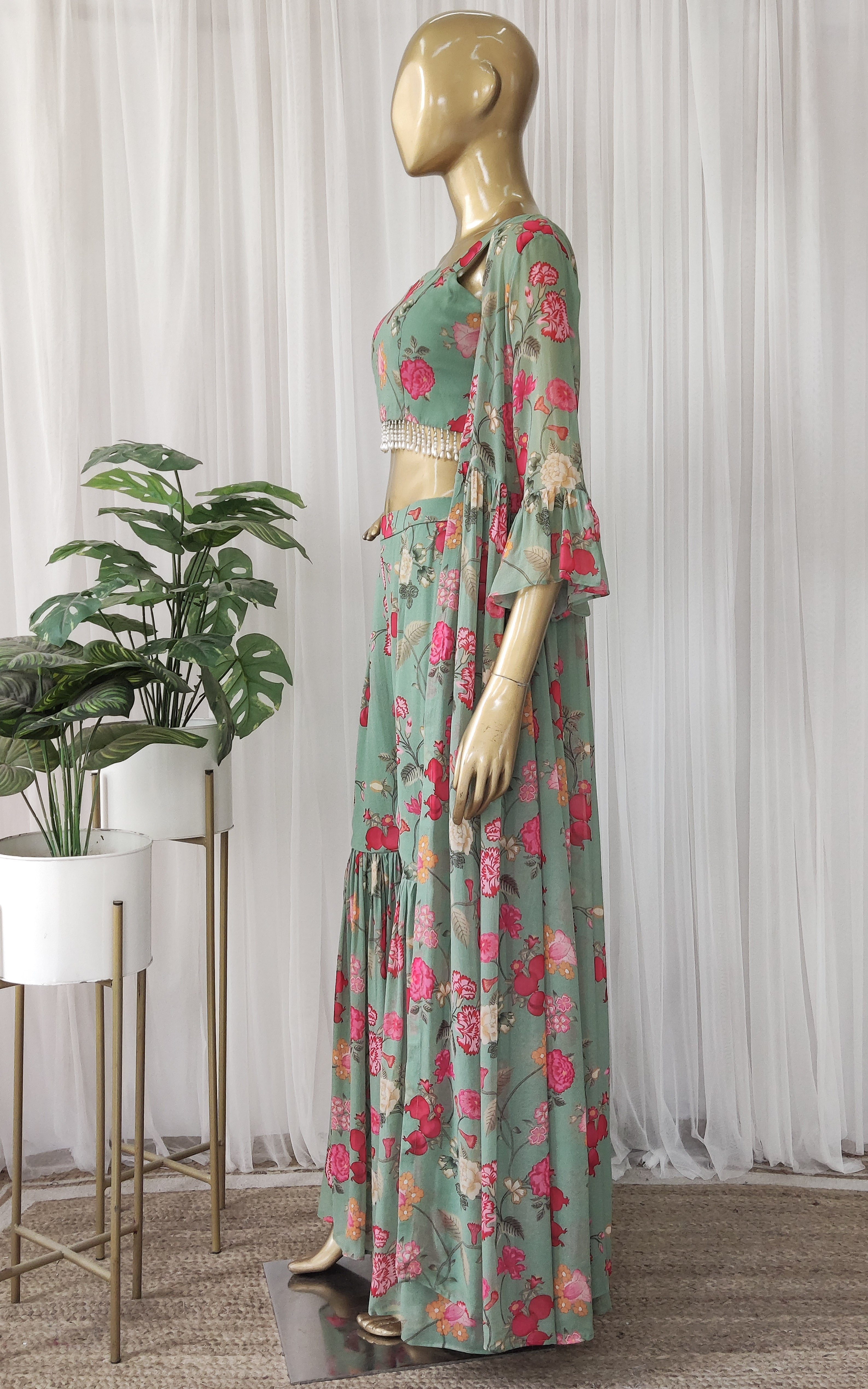 Asparagus Green Printed Georgette Crop-Top & Sharara Set