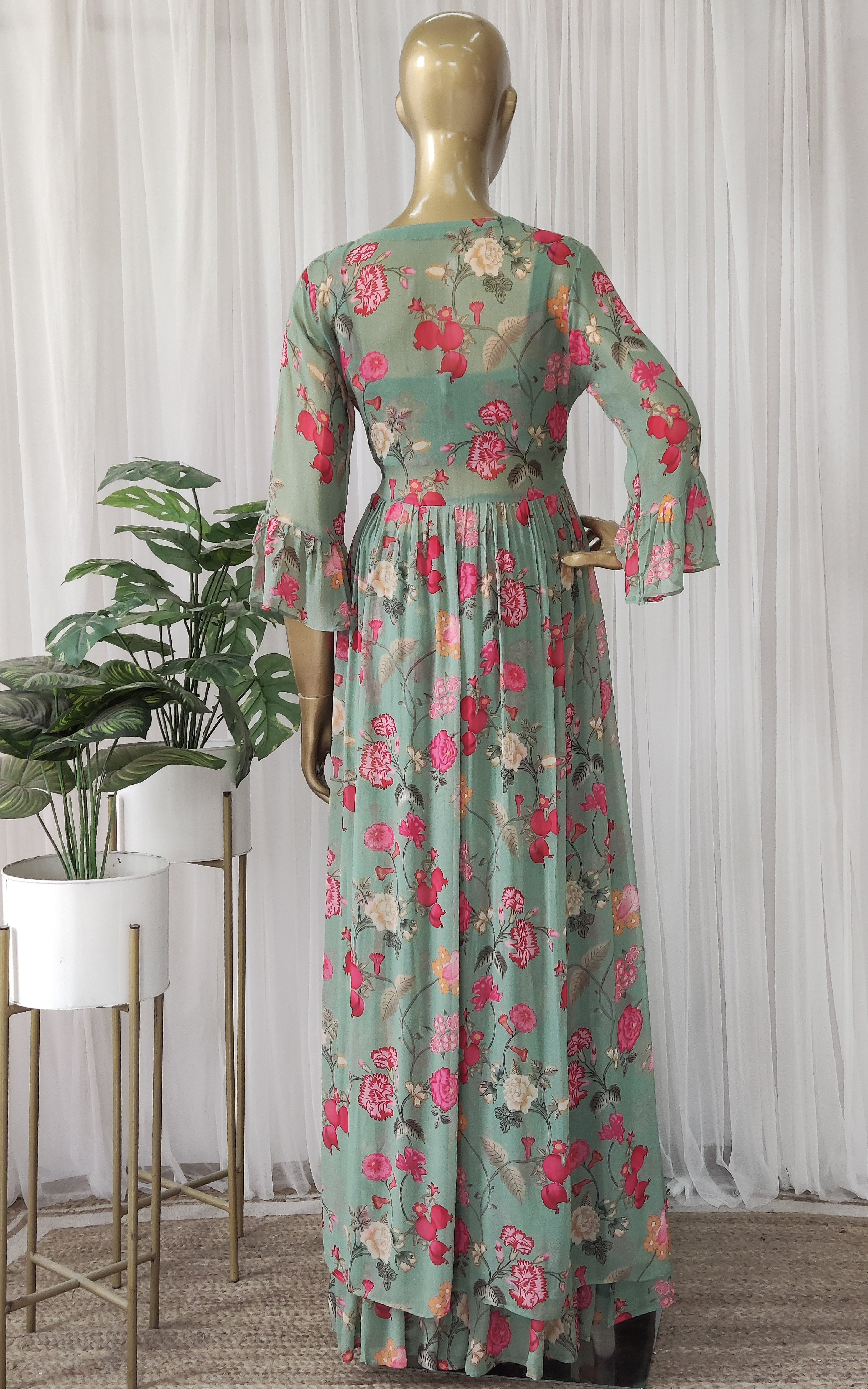 Asparagus Green Printed Georgette Crop-Top & Sharara Set