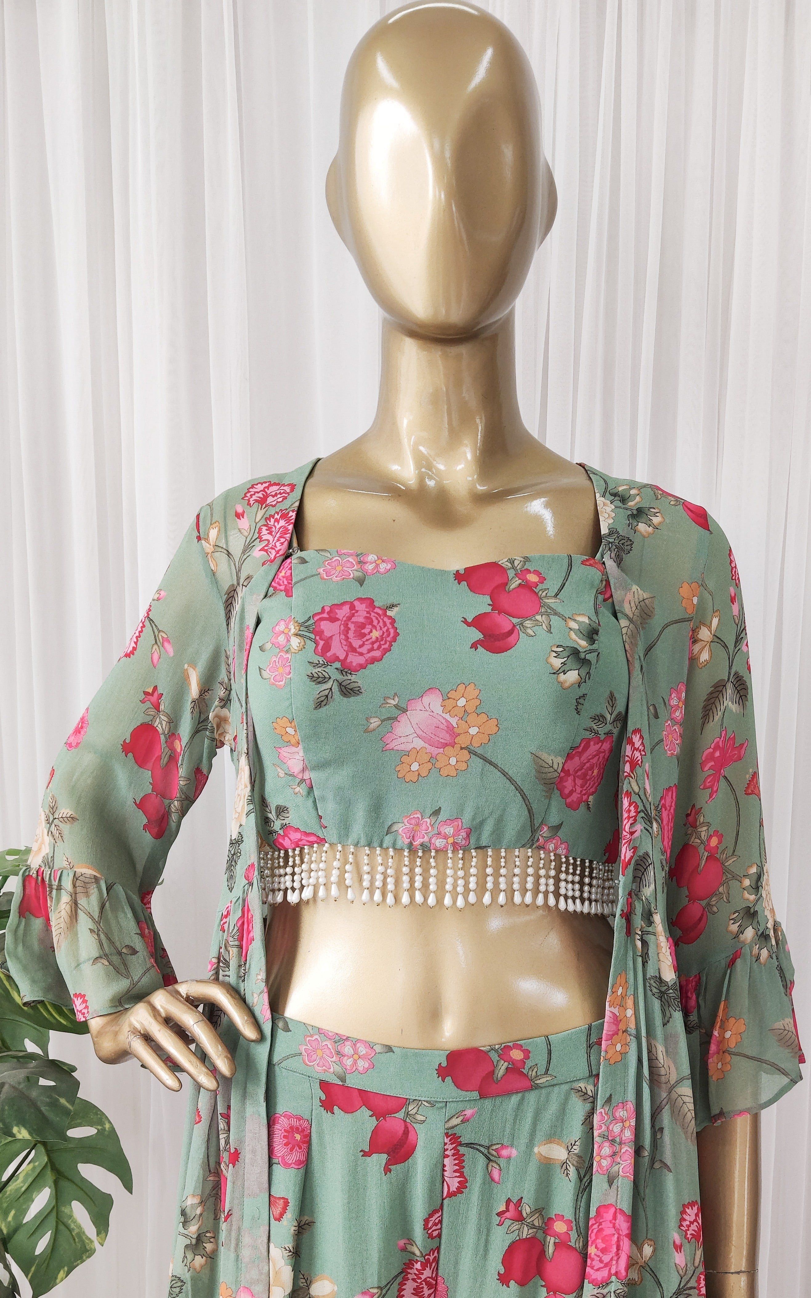Asparagus Green Printed Georgette Crop-Top & Sharara Set