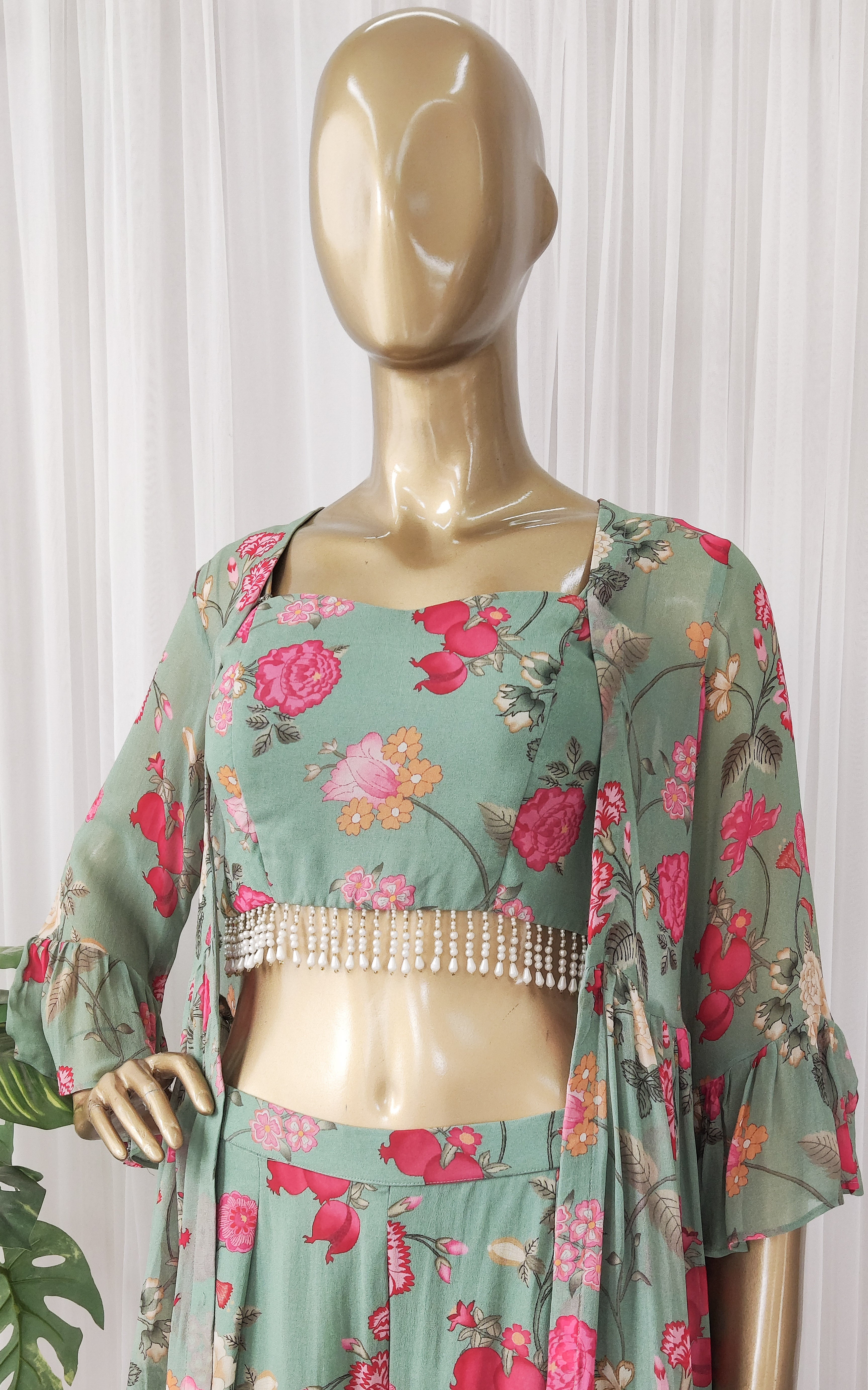 Asparagus Green Printed Georgette Crop-Top & Sharara Set