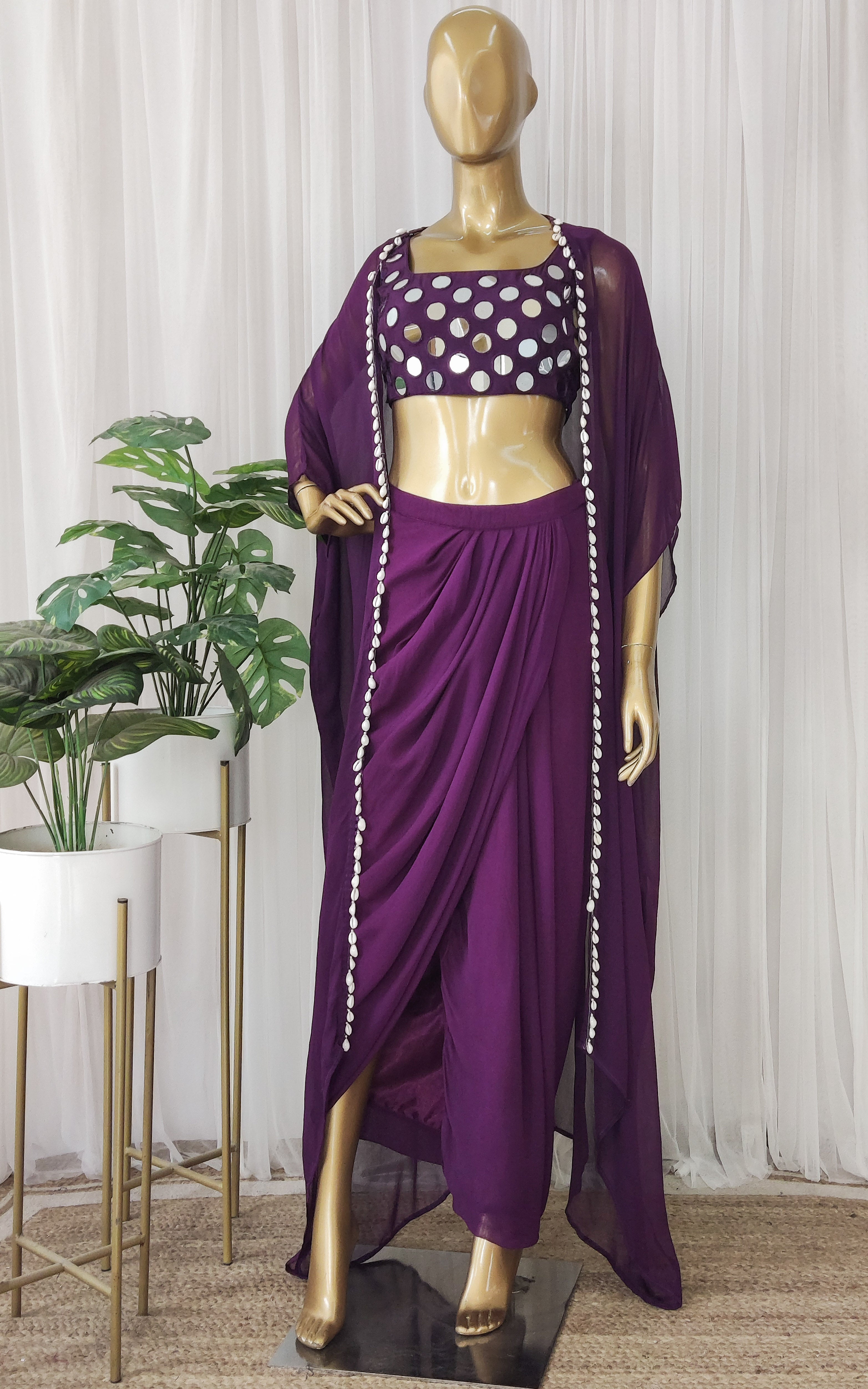 Drashti Purple Mirrorwork Crop Top Dhoti & Jacket Co-ord Set
