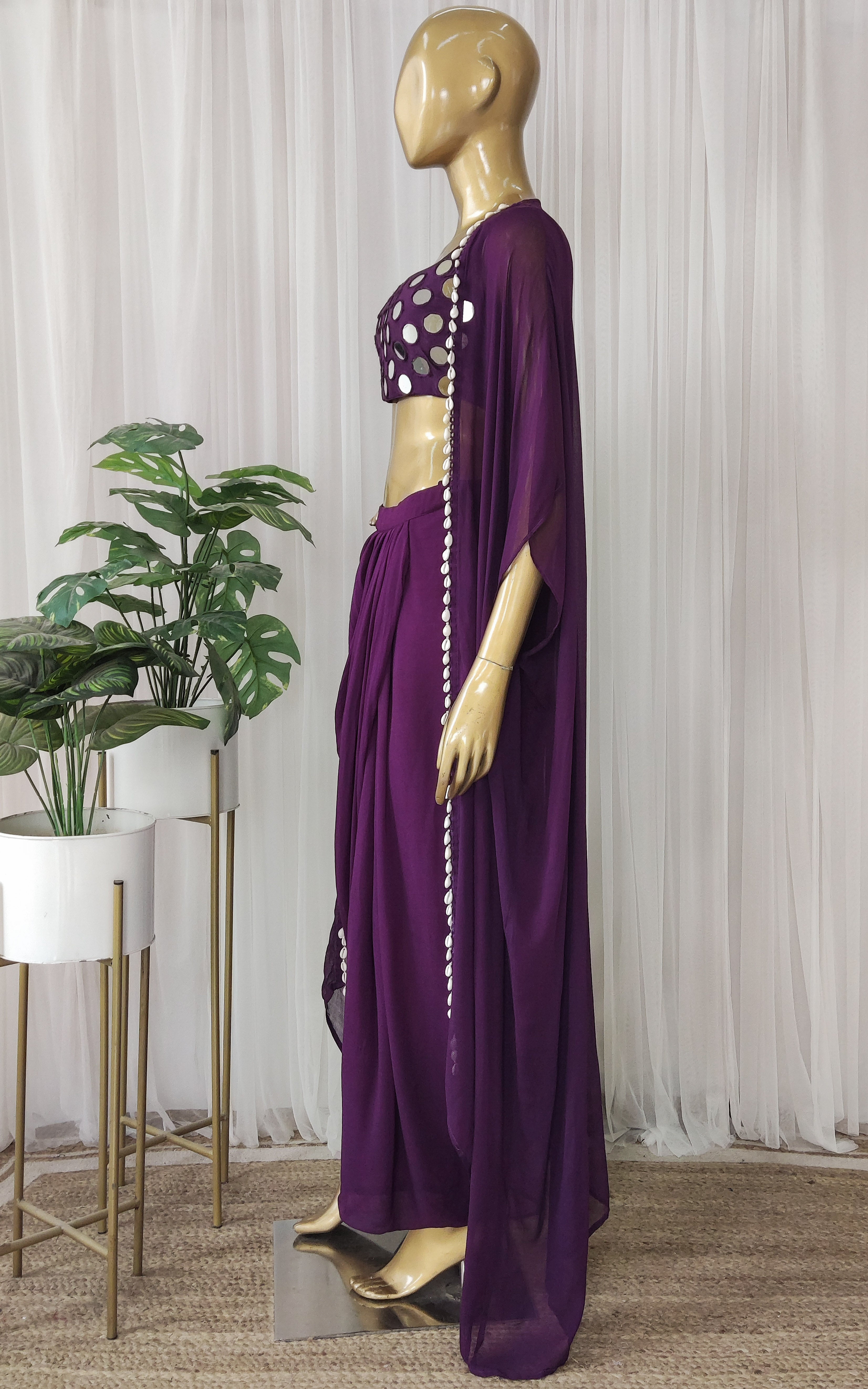 Drashti Purple Mirrorwork Crop Top Dhoti & Jacket Co-ord Set