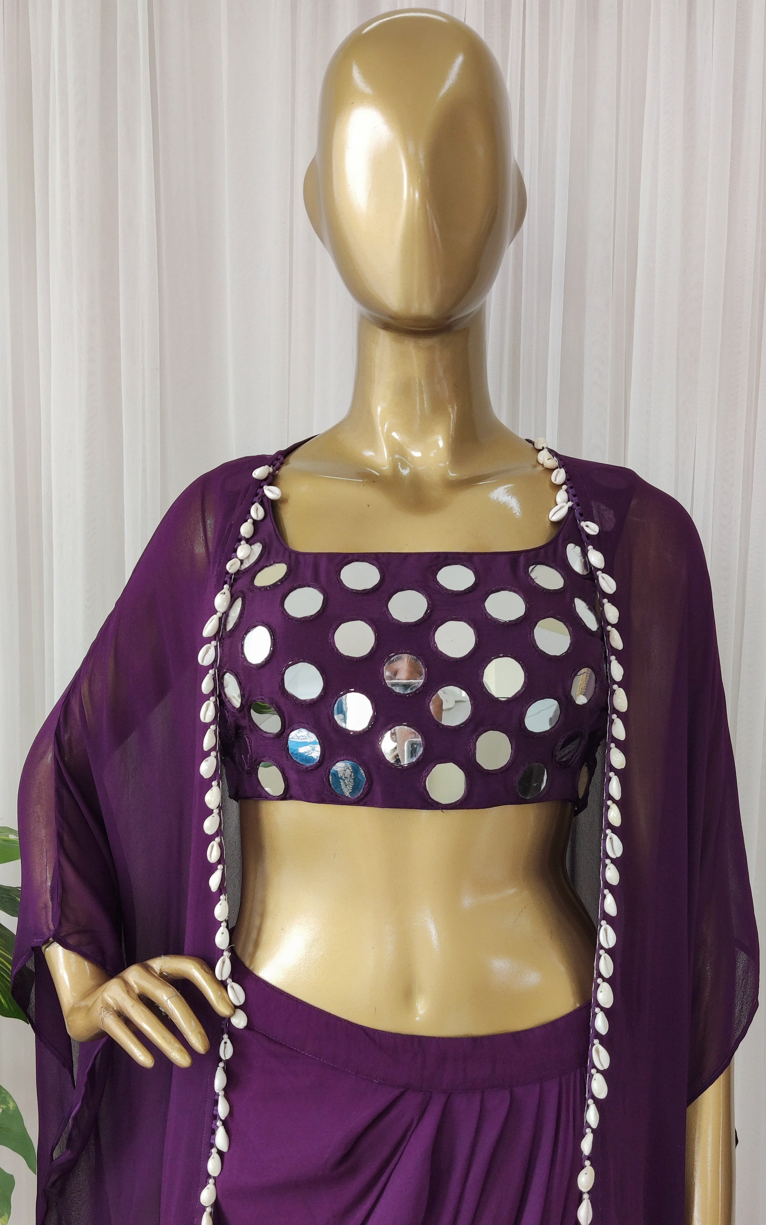 Drashti Purple Mirrorwork Crop Top Dhoti & Jacket Co-ord Set