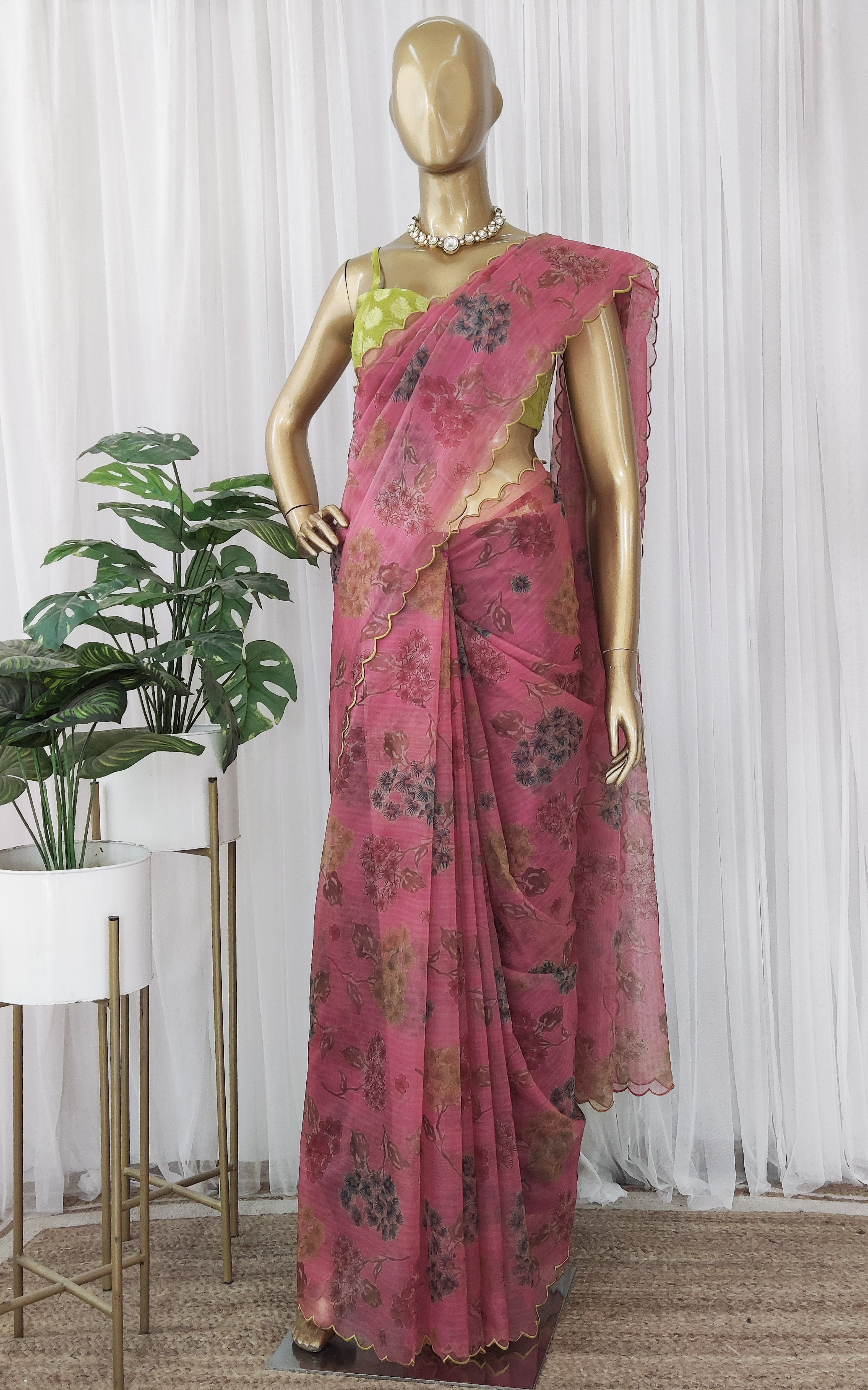 Hot Pink Floral Organza Saree With Lime Green Banarsi Blouse