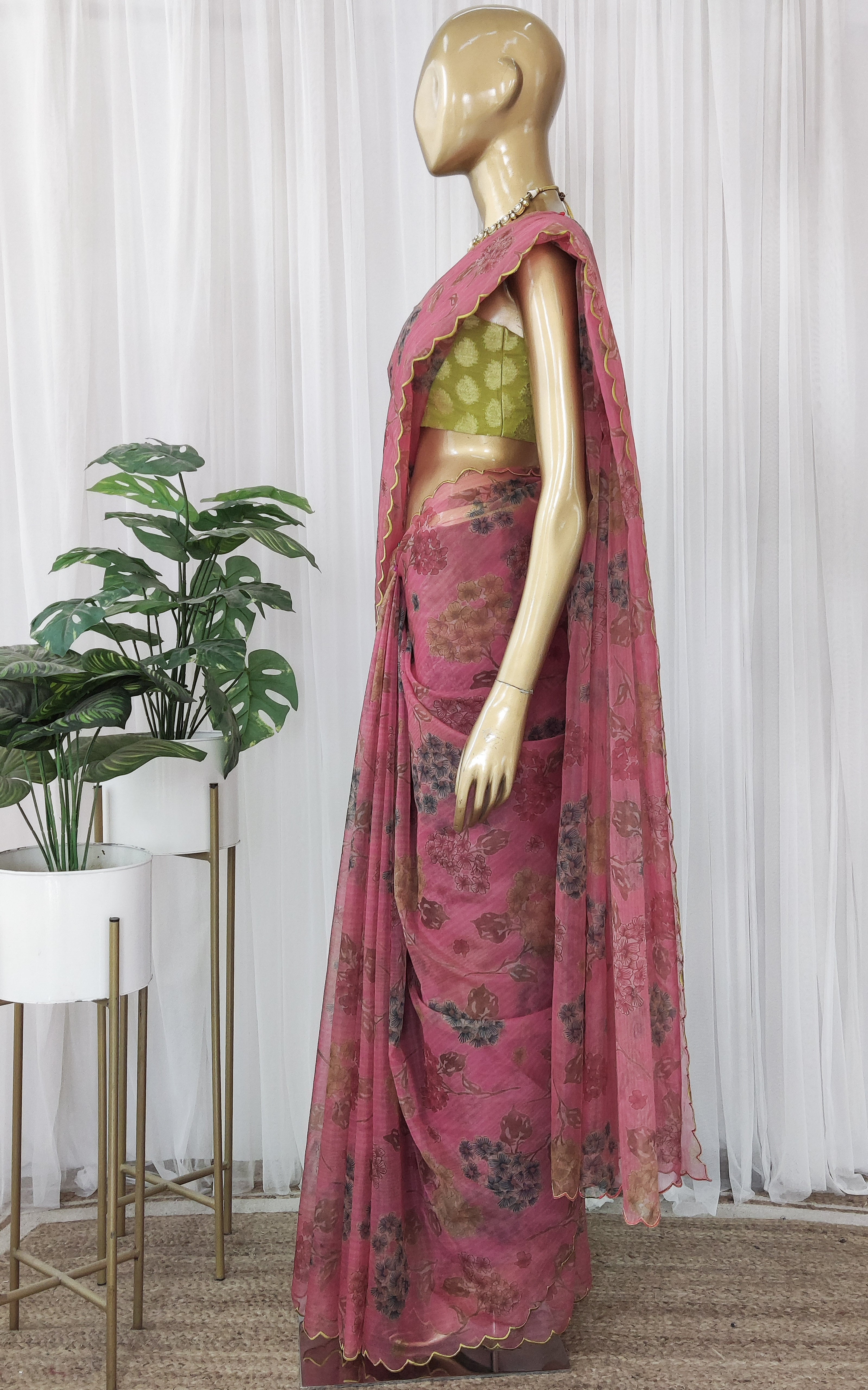 Hot Pink Floral Organza Saree With Lime Green Banarsi Blouse