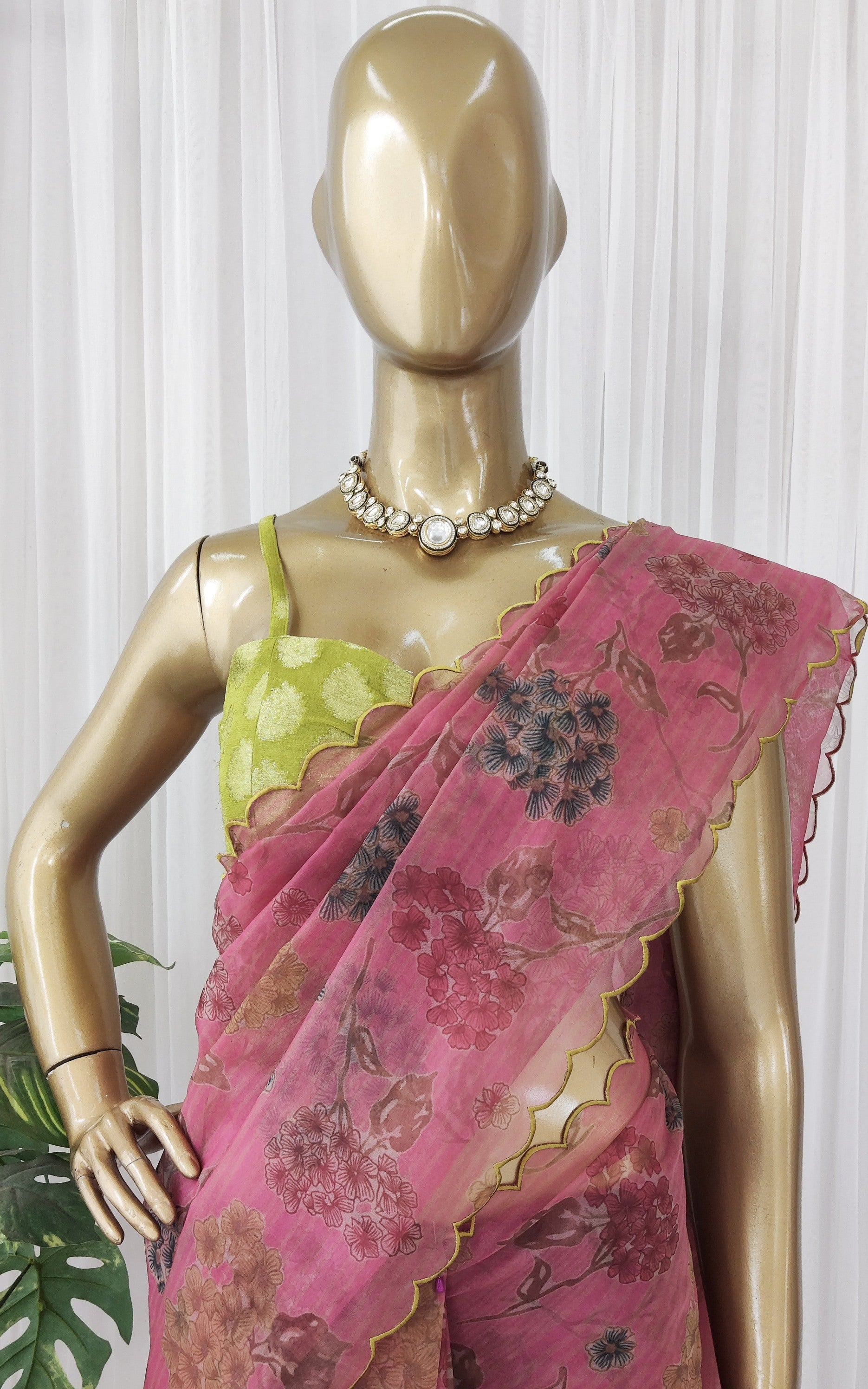 Hot Pink Floral Organza Saree With Lime Green Banarsi Blouse