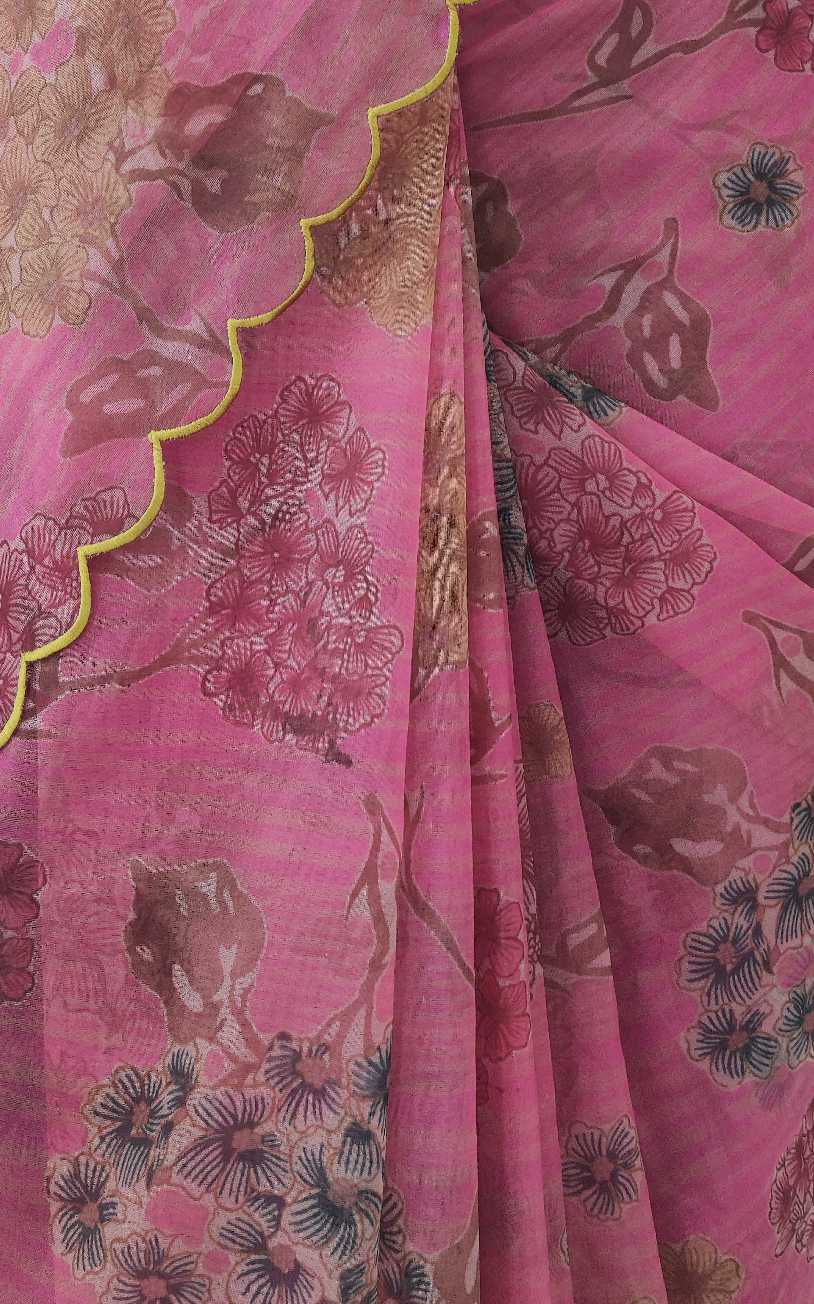 Hot Pink Floral Organza Saree With Lime Green Banarsi Blouse