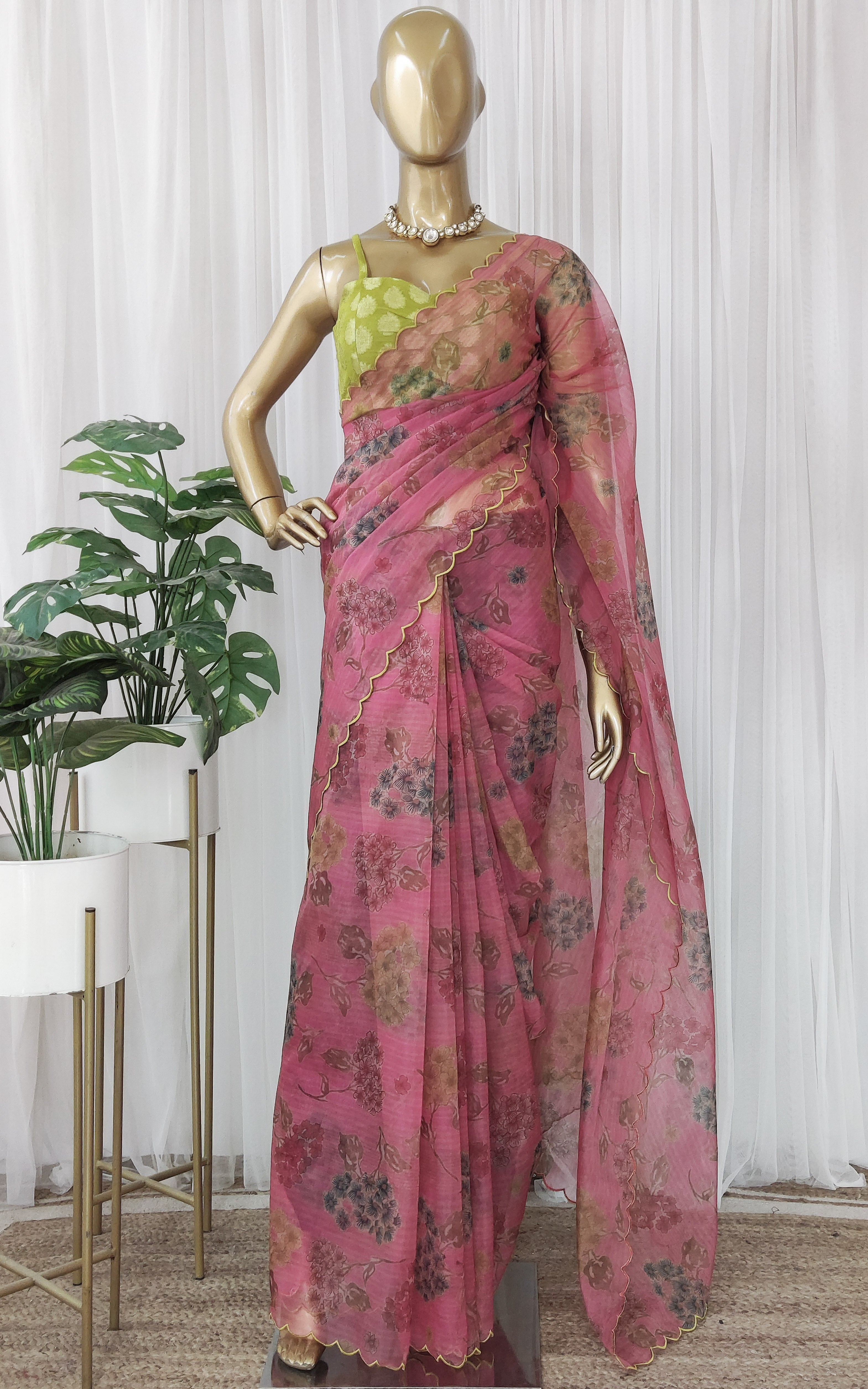 Hot Pink Floral Organza Saree With Lime Green Banarsi Blouse