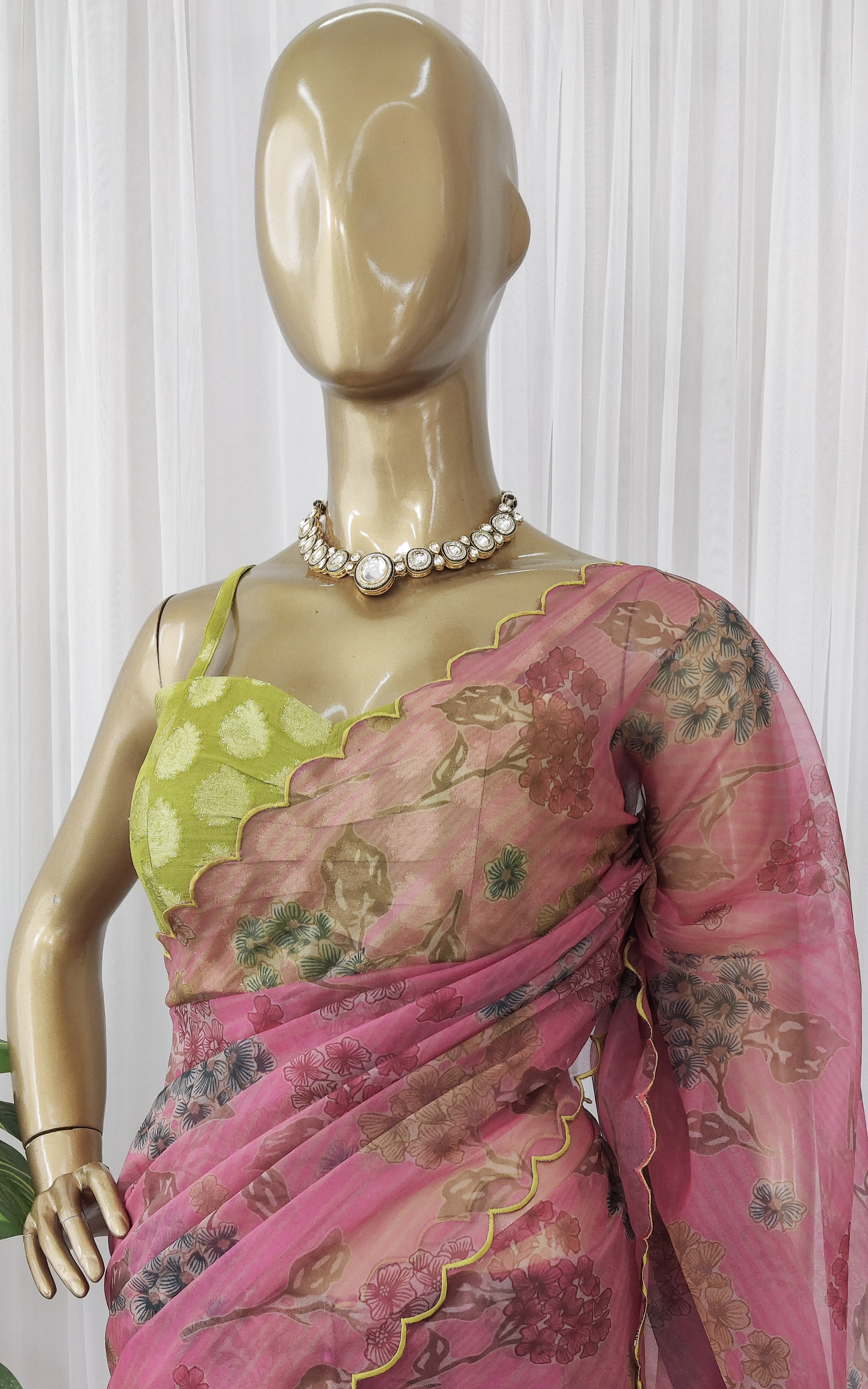 Hot Pink Floral Organza Saree With Lime Green Banarsi Blouse