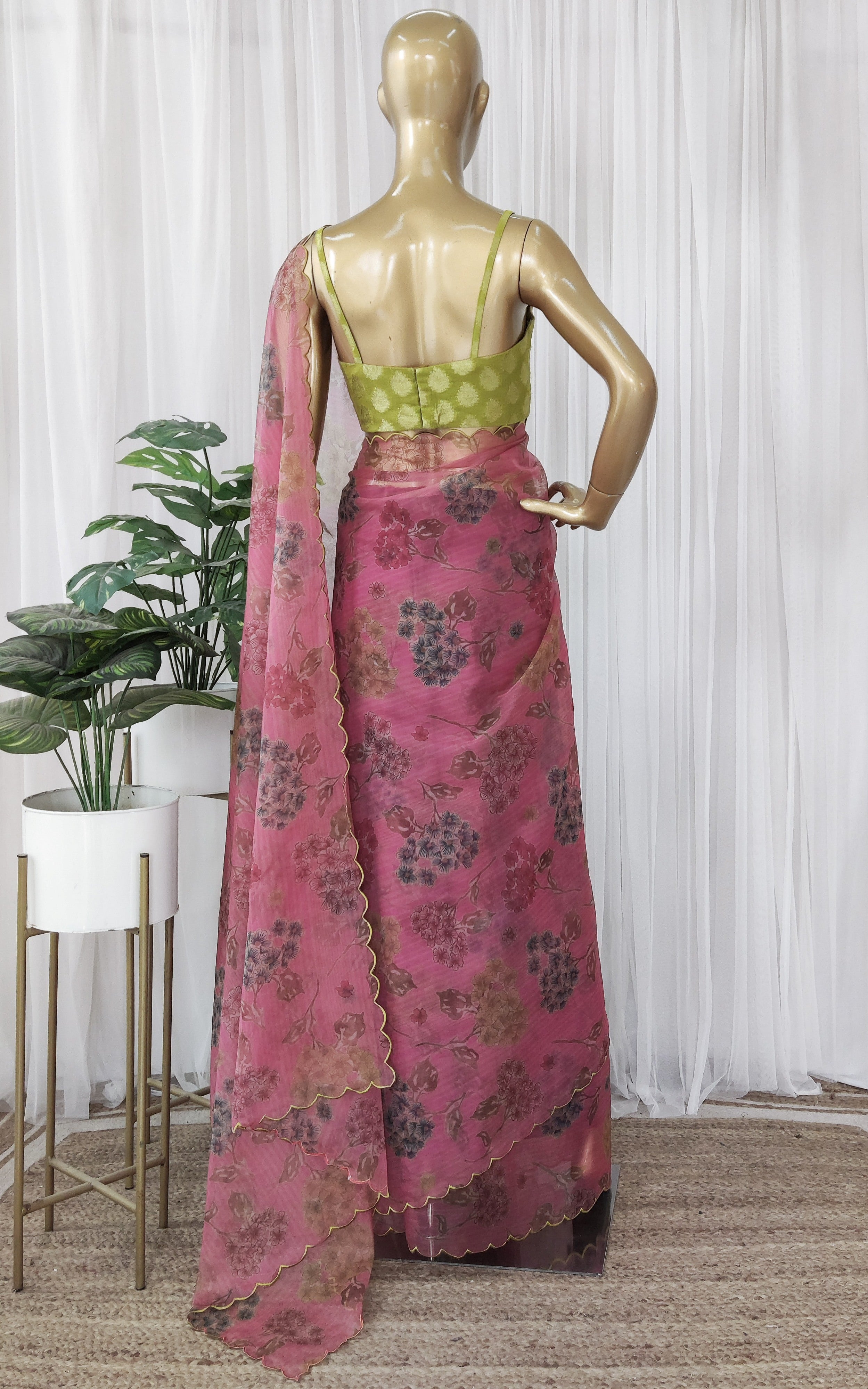 Hot Pink Floral Organza Saree With Lime Green Banarsi Blouse