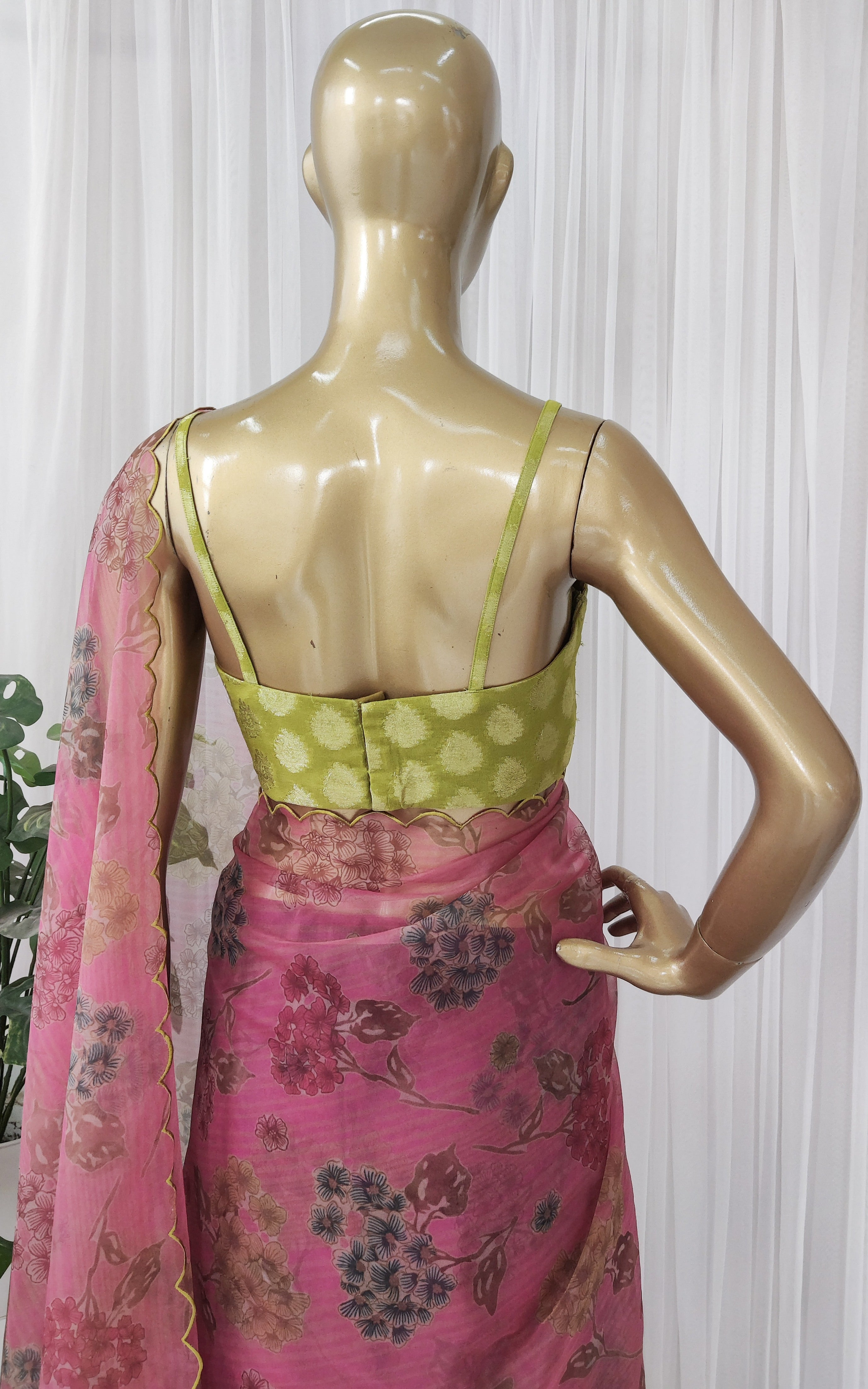 Hot Pink Floral Organza Saree With Lime Green Banarsi Blouse