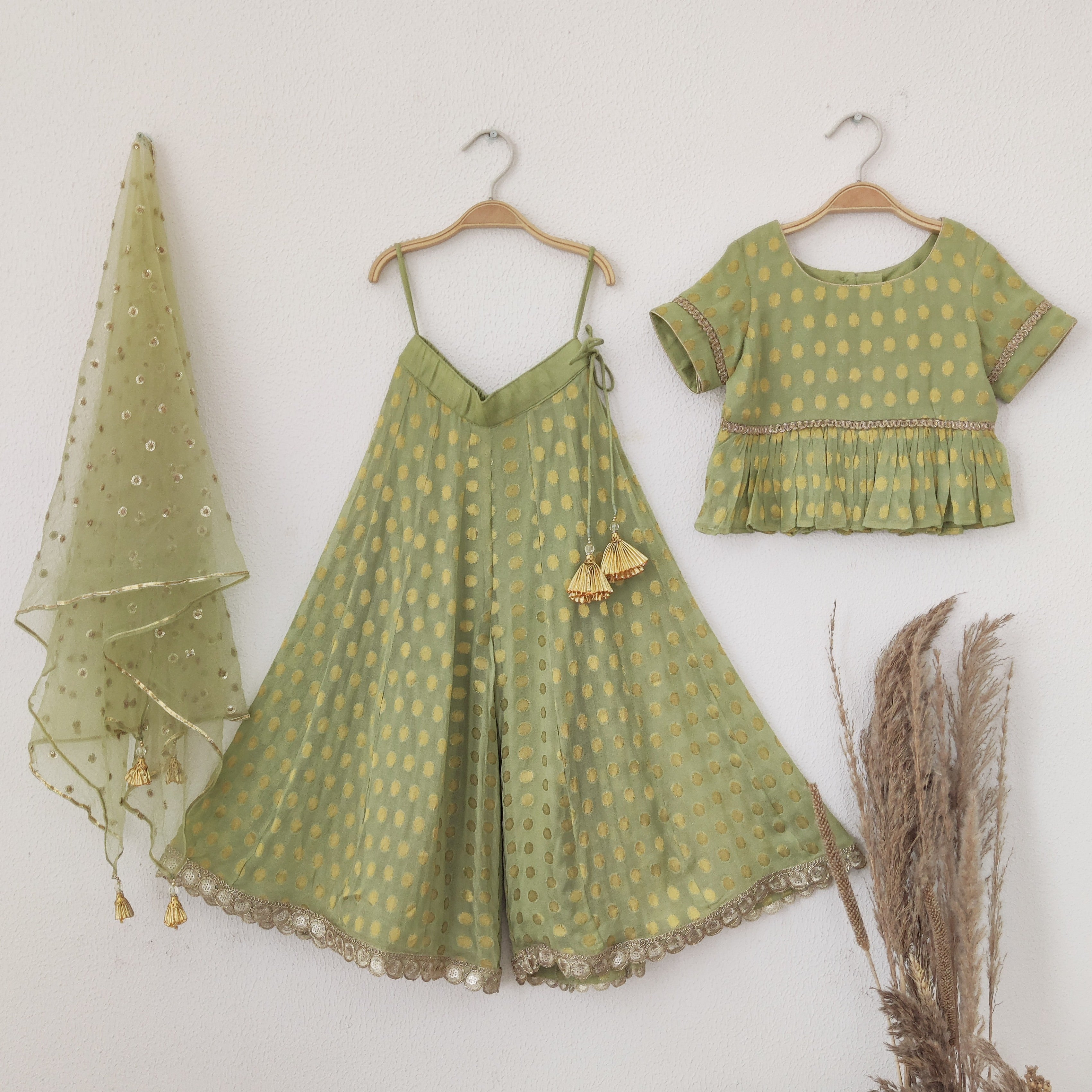 Green Polka Dot Kids Peplum and Sharara Set