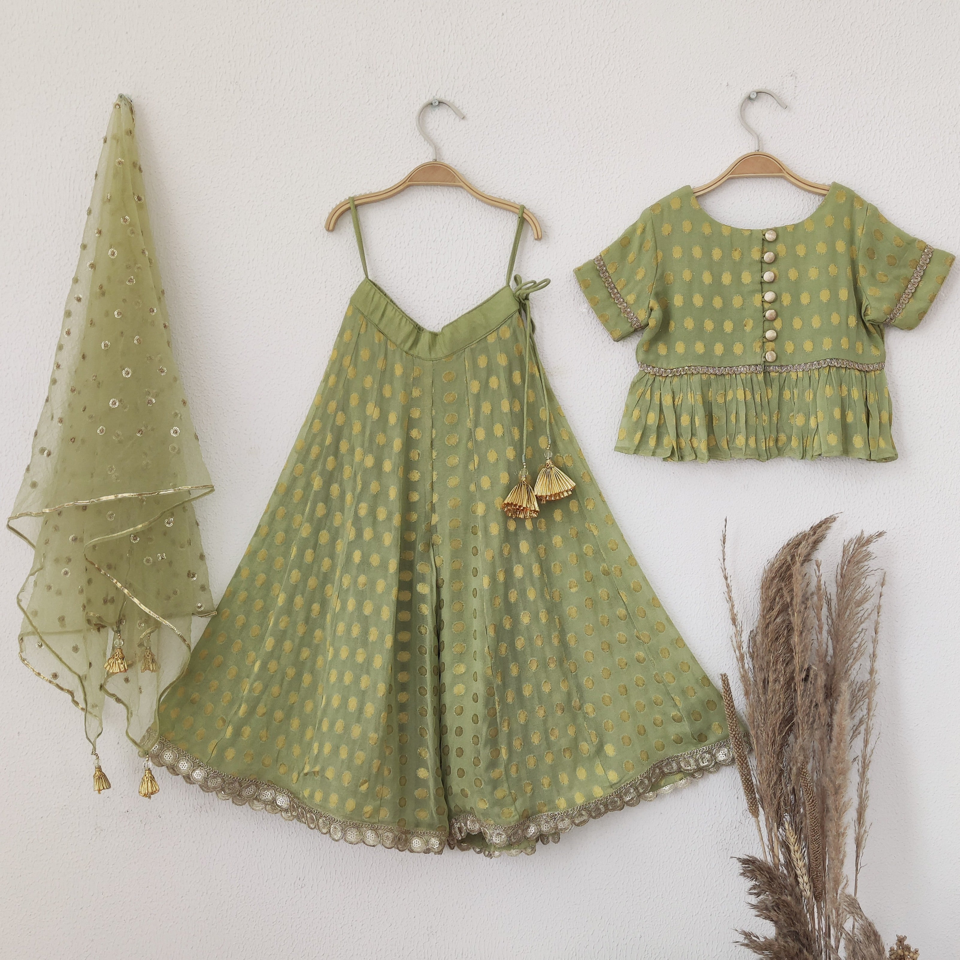 Green Polka Dot Kids Peplum and Sharara Set