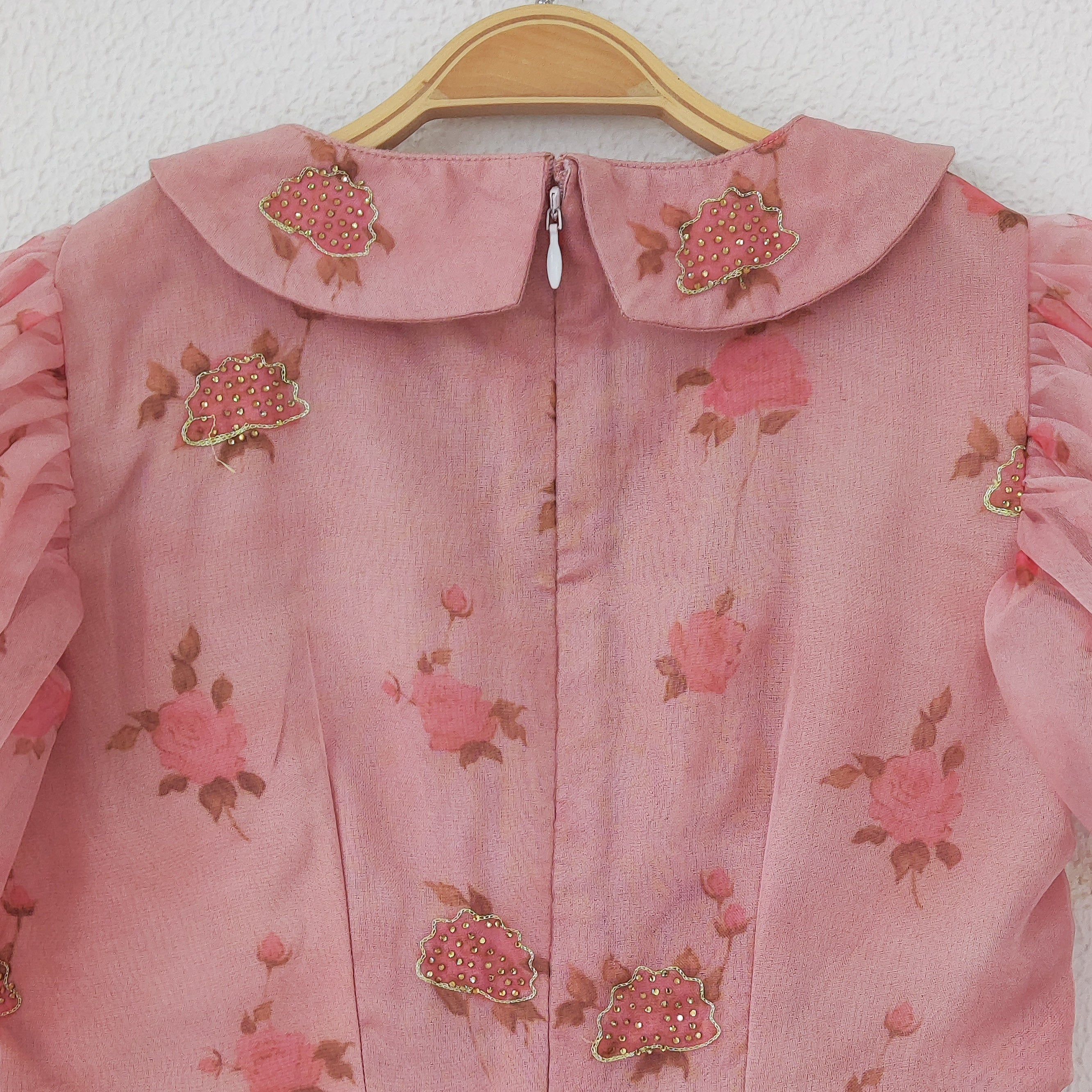 Light Pink Rose Print Kids Organza Dress