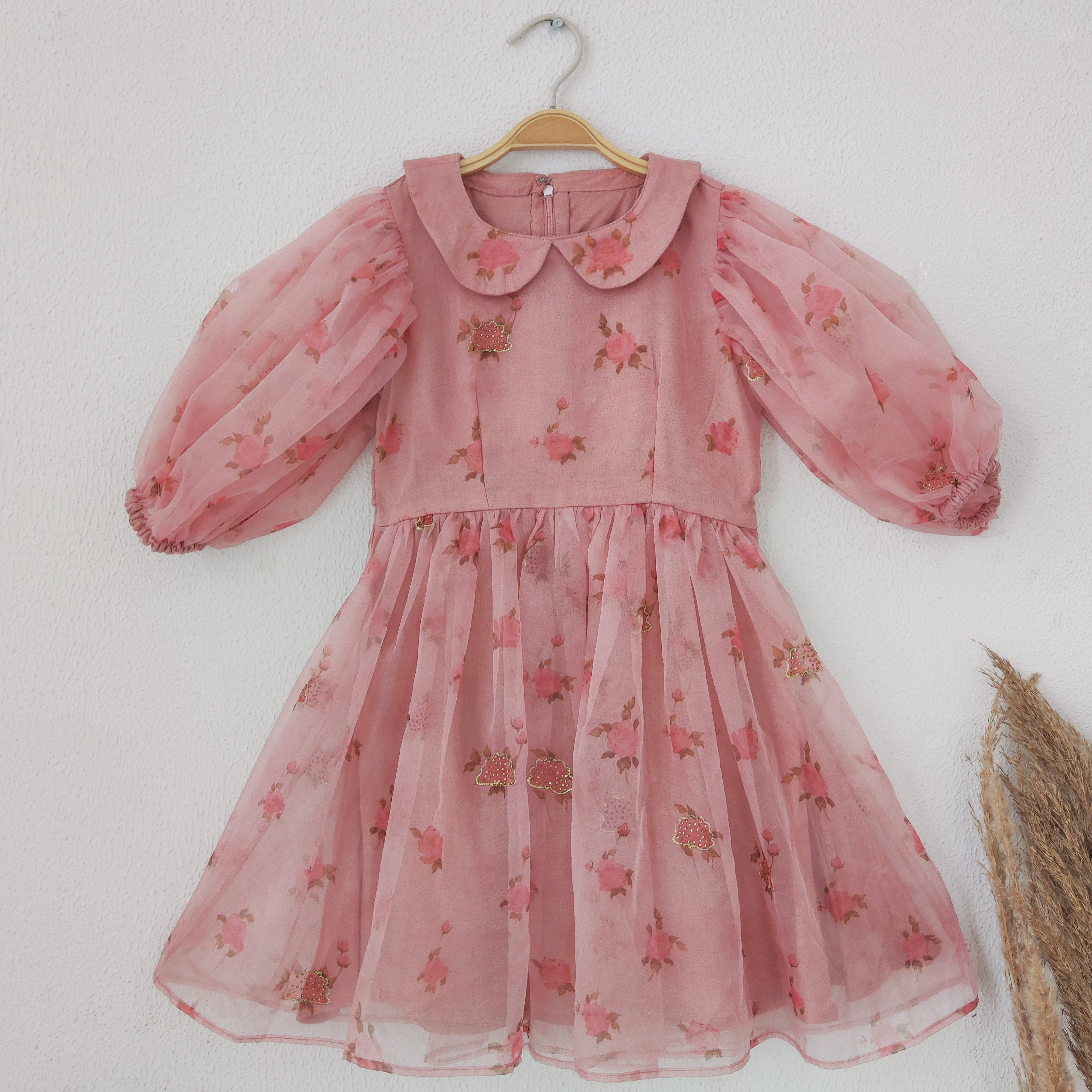 Light Pink Rose Print Kids Organza Dress