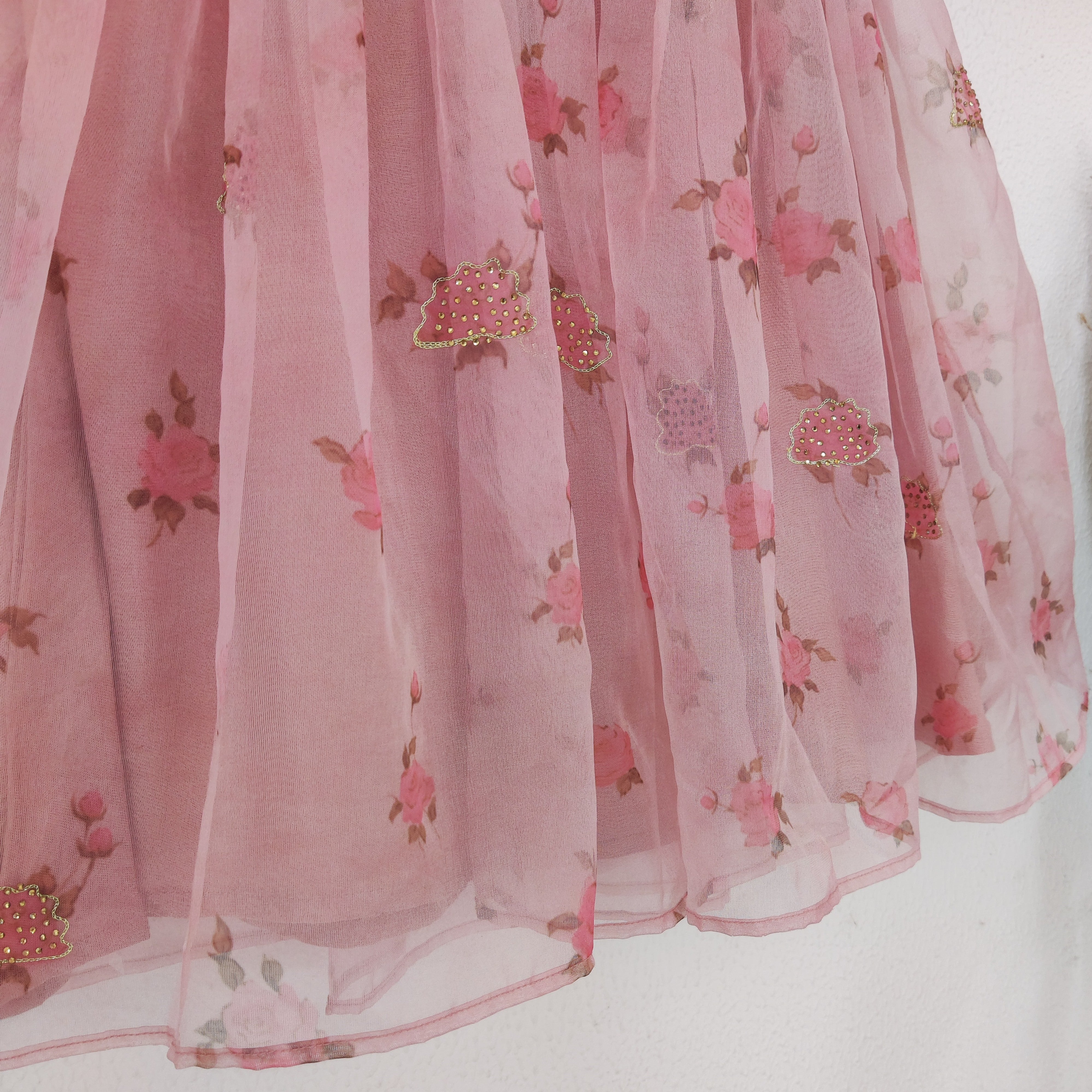 Light Pink Rose Print Kids Organza Dress