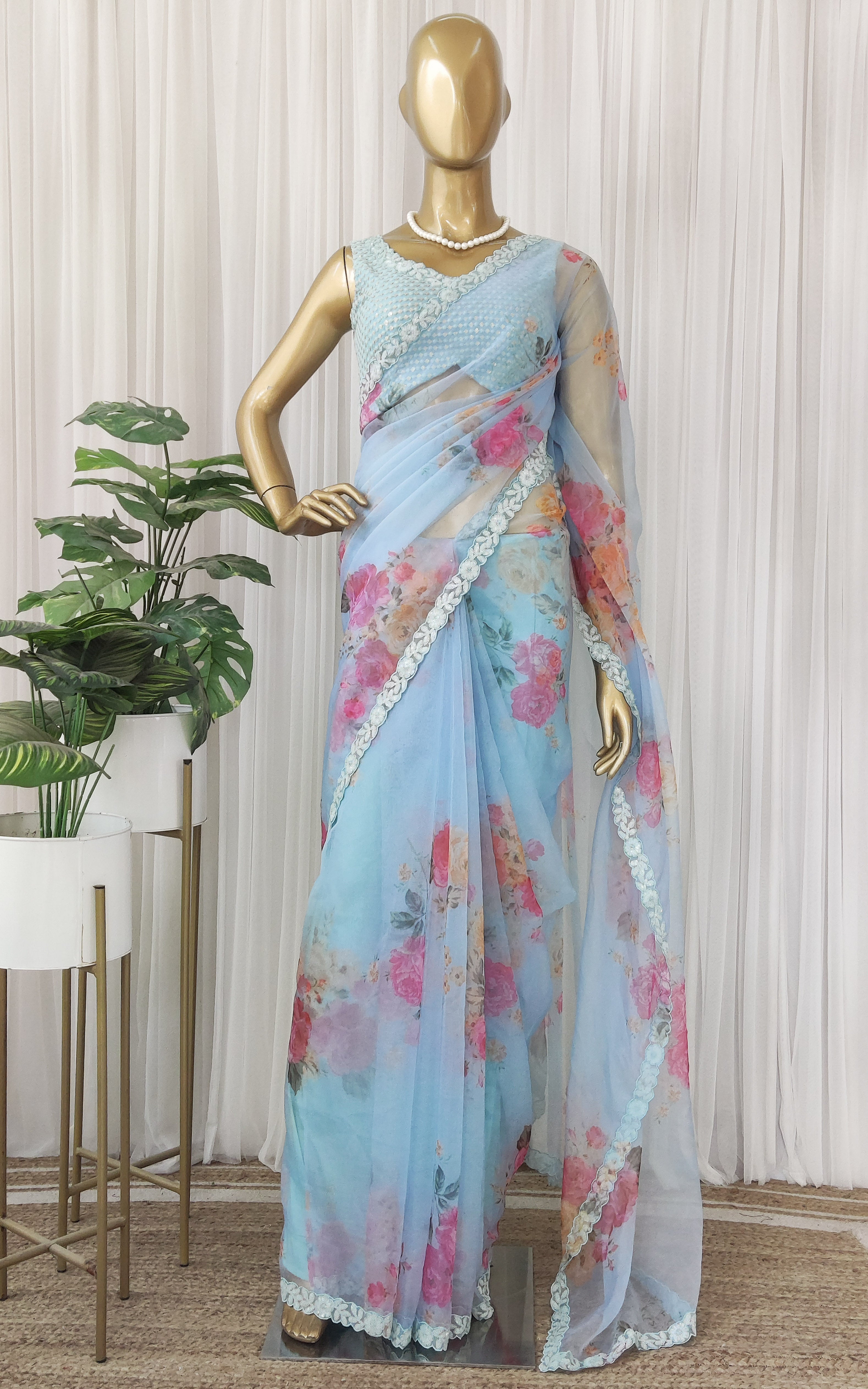 Monalisha Sky Blue Floral Sequinwork Organza Saree
