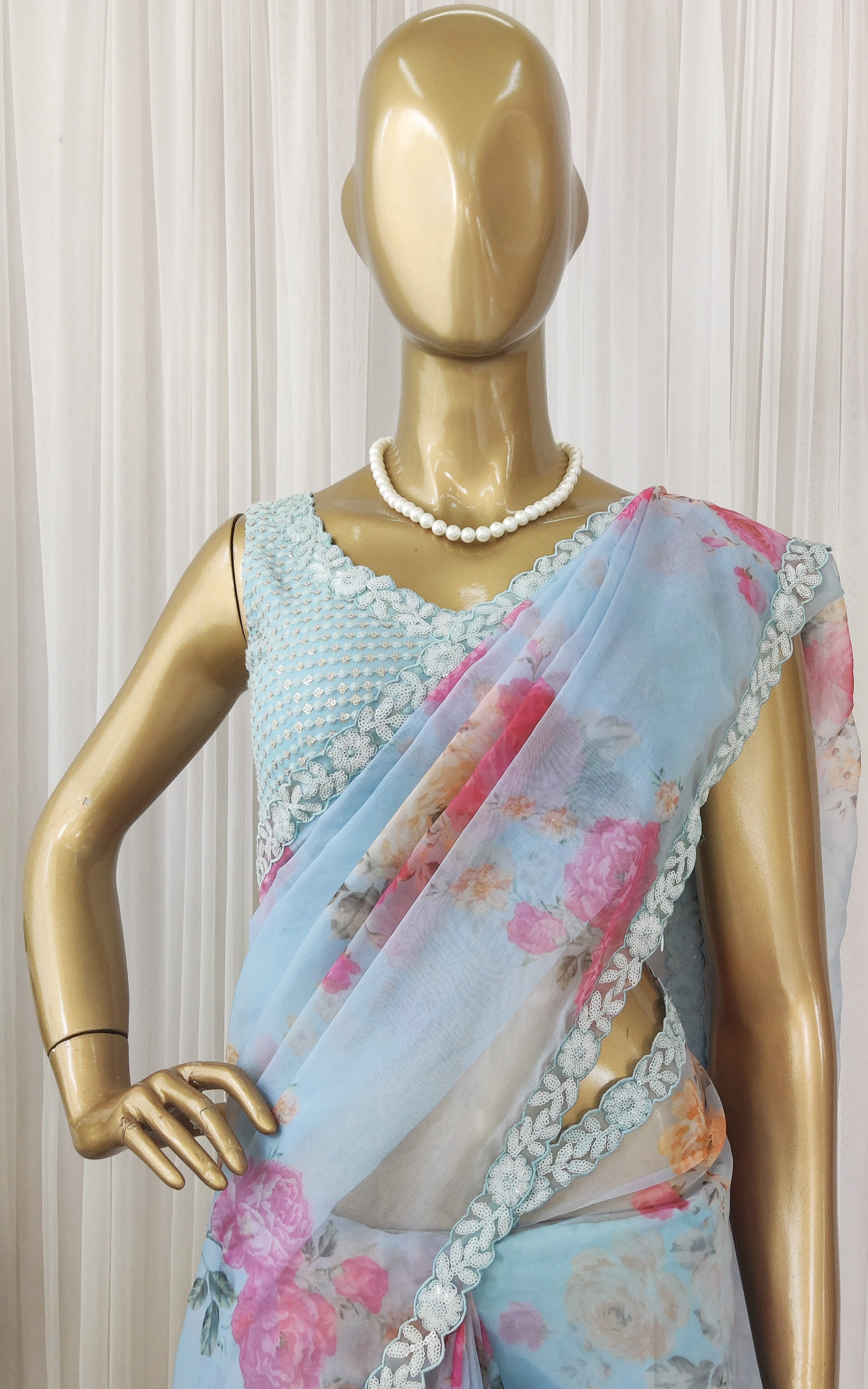 Monalisha Sky Blue Floral Sequinwork Organza Saree