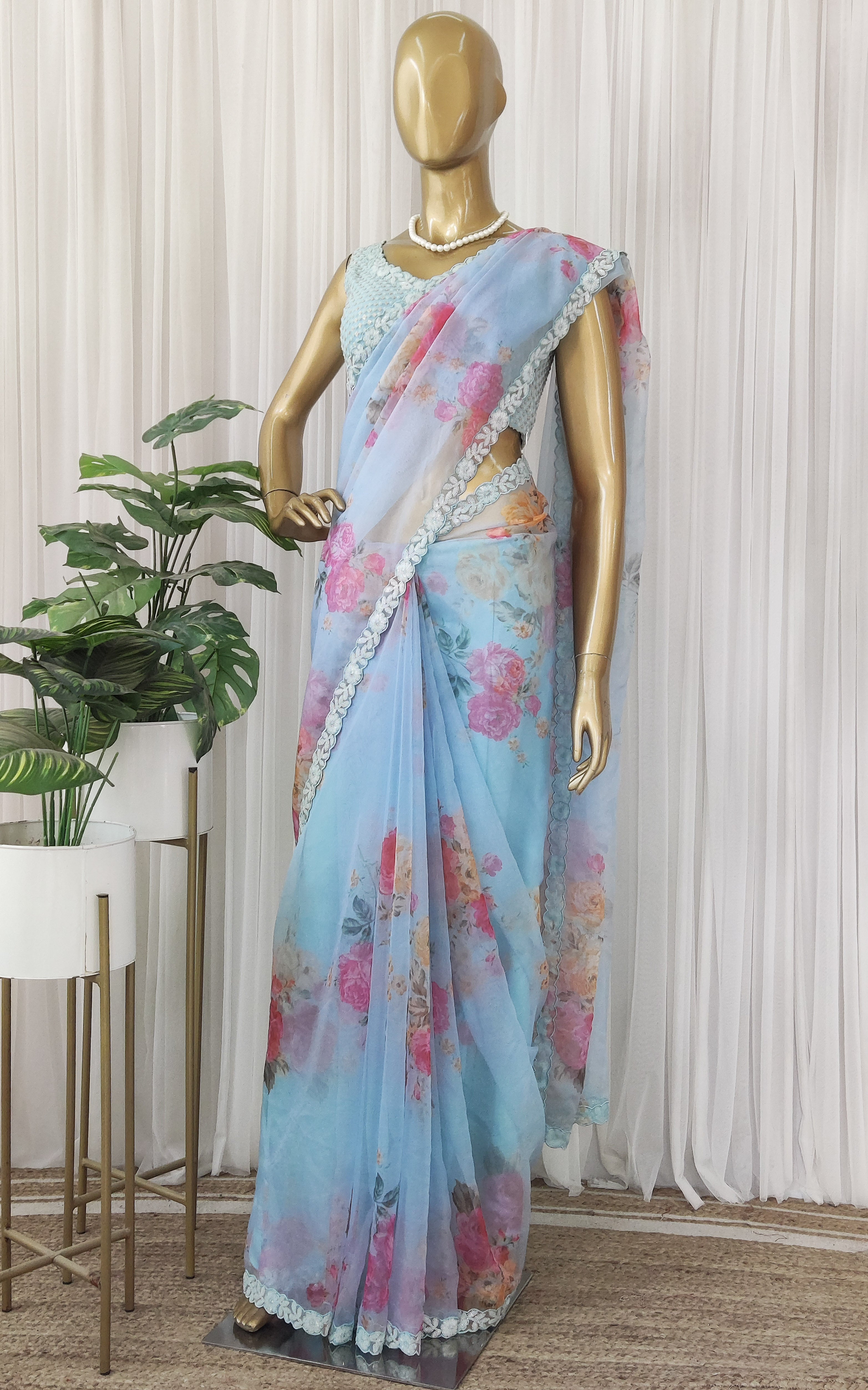 Monalisha Sky Blue Floral Sequinwork Organza Saree