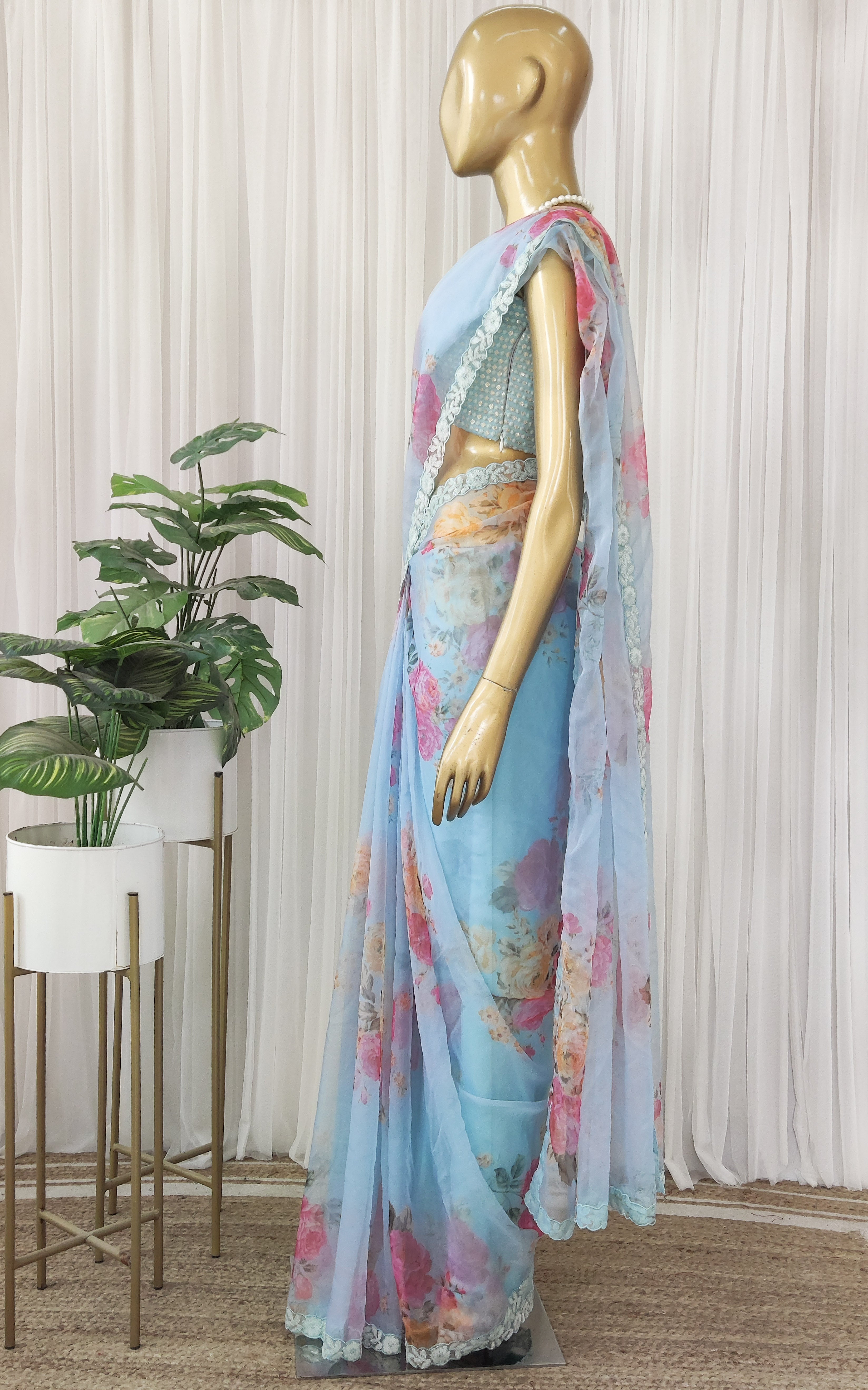 Monalisha Sky Blue Floral Sequinwork Organza Saree