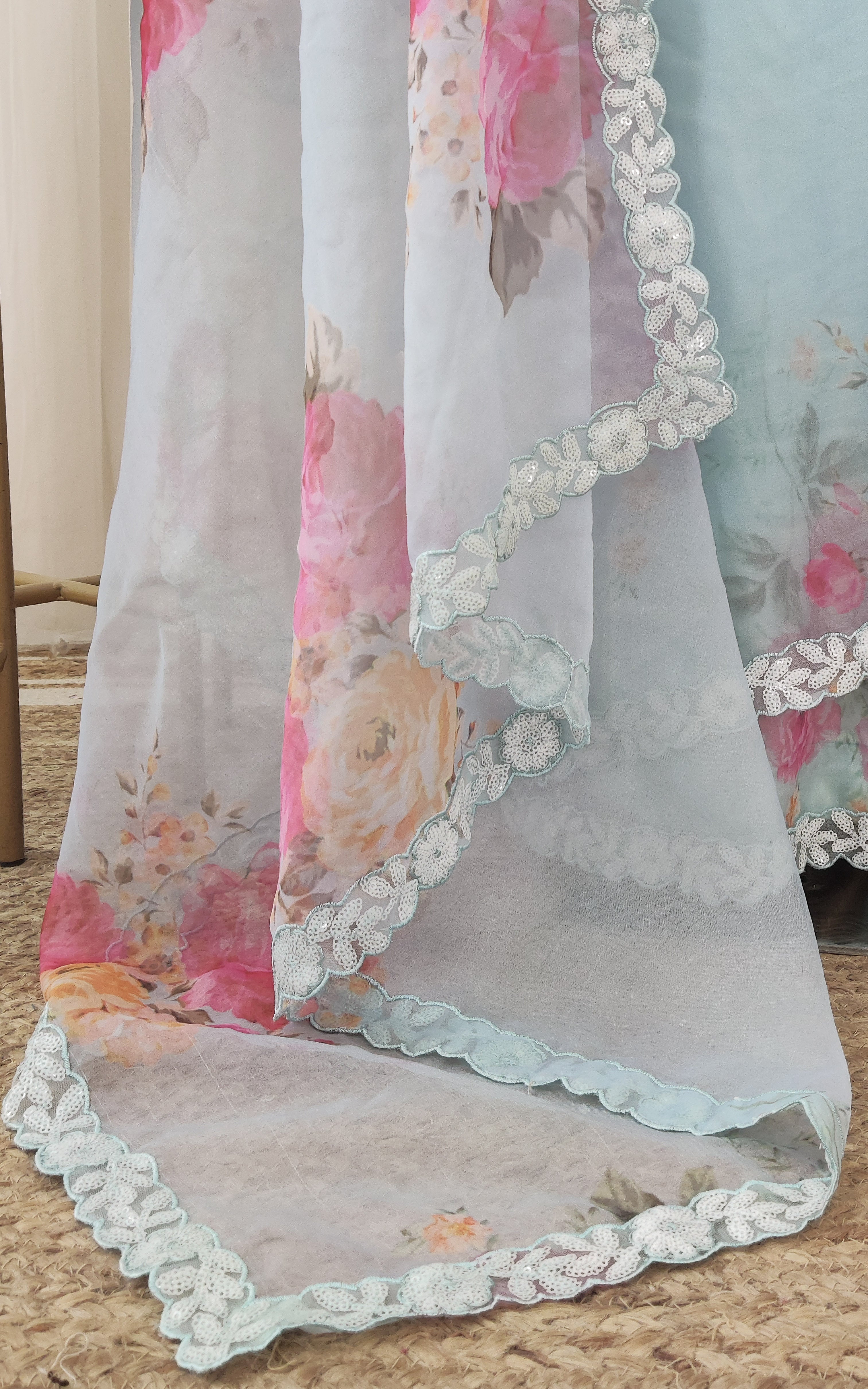 Monalisha Sky Blue Floral Sequinwork Organza Saree