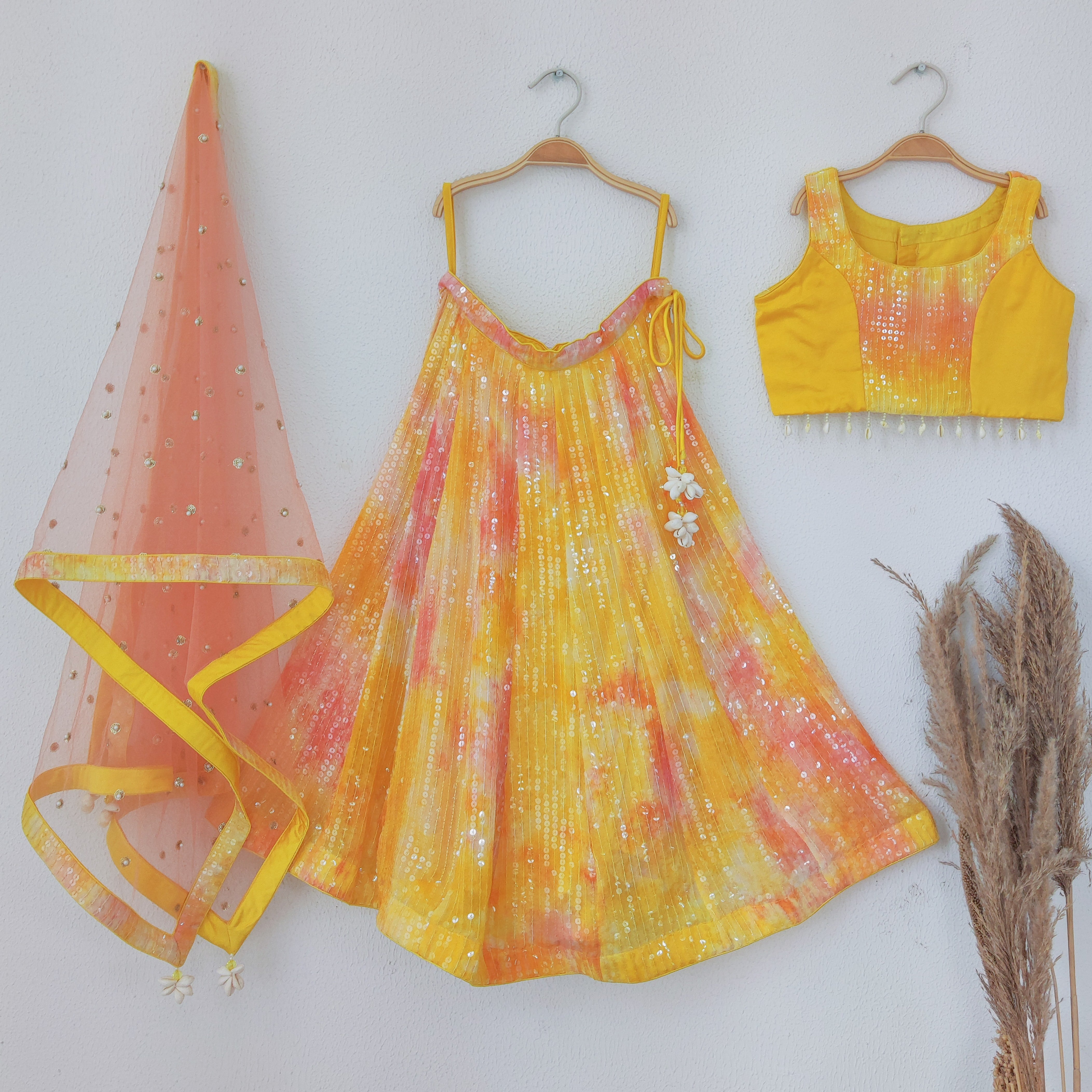 Yellow Pink Shibori Sequin-work Kids Lehenga
