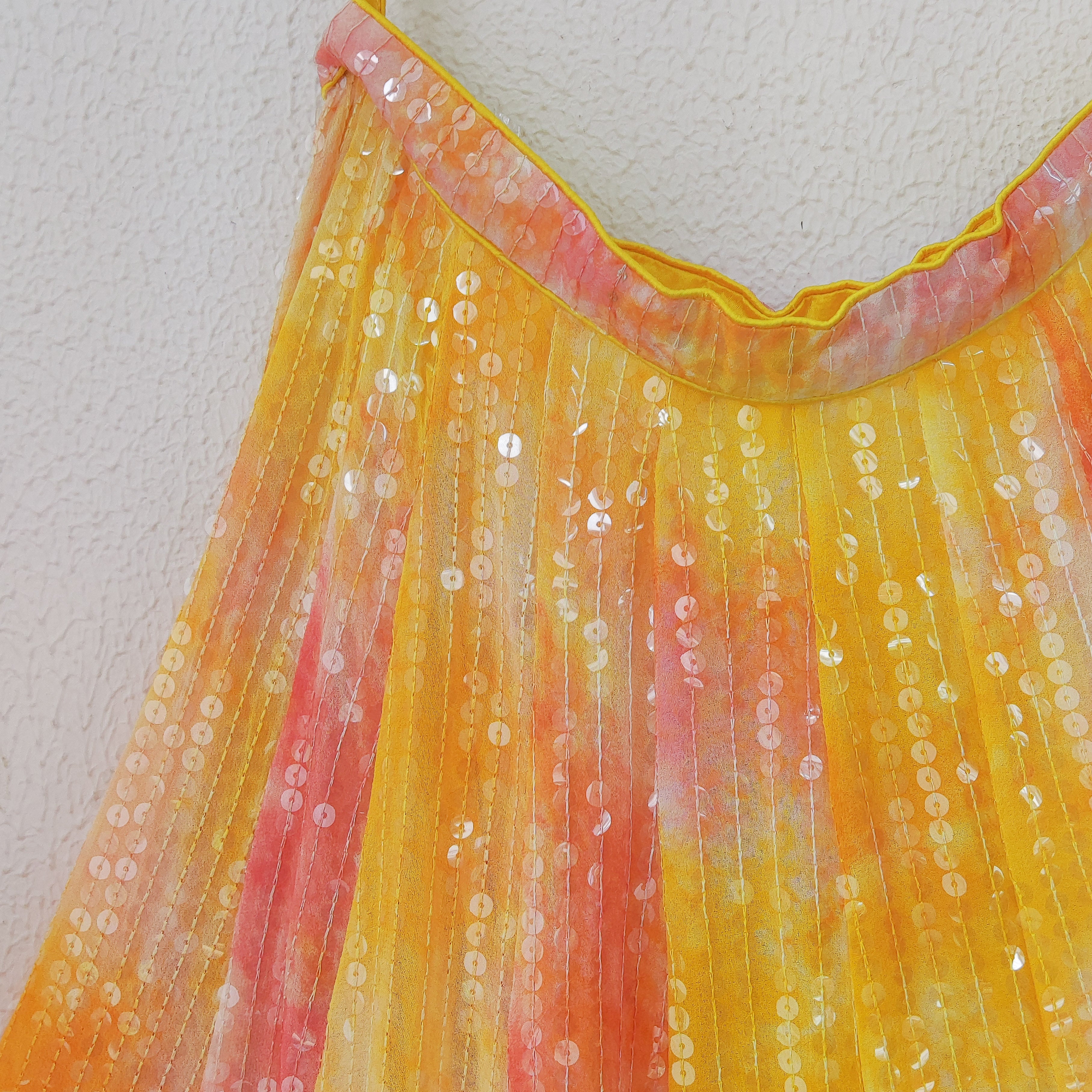 Yellow Pink Shibori Sequin-work Kids Lehenga