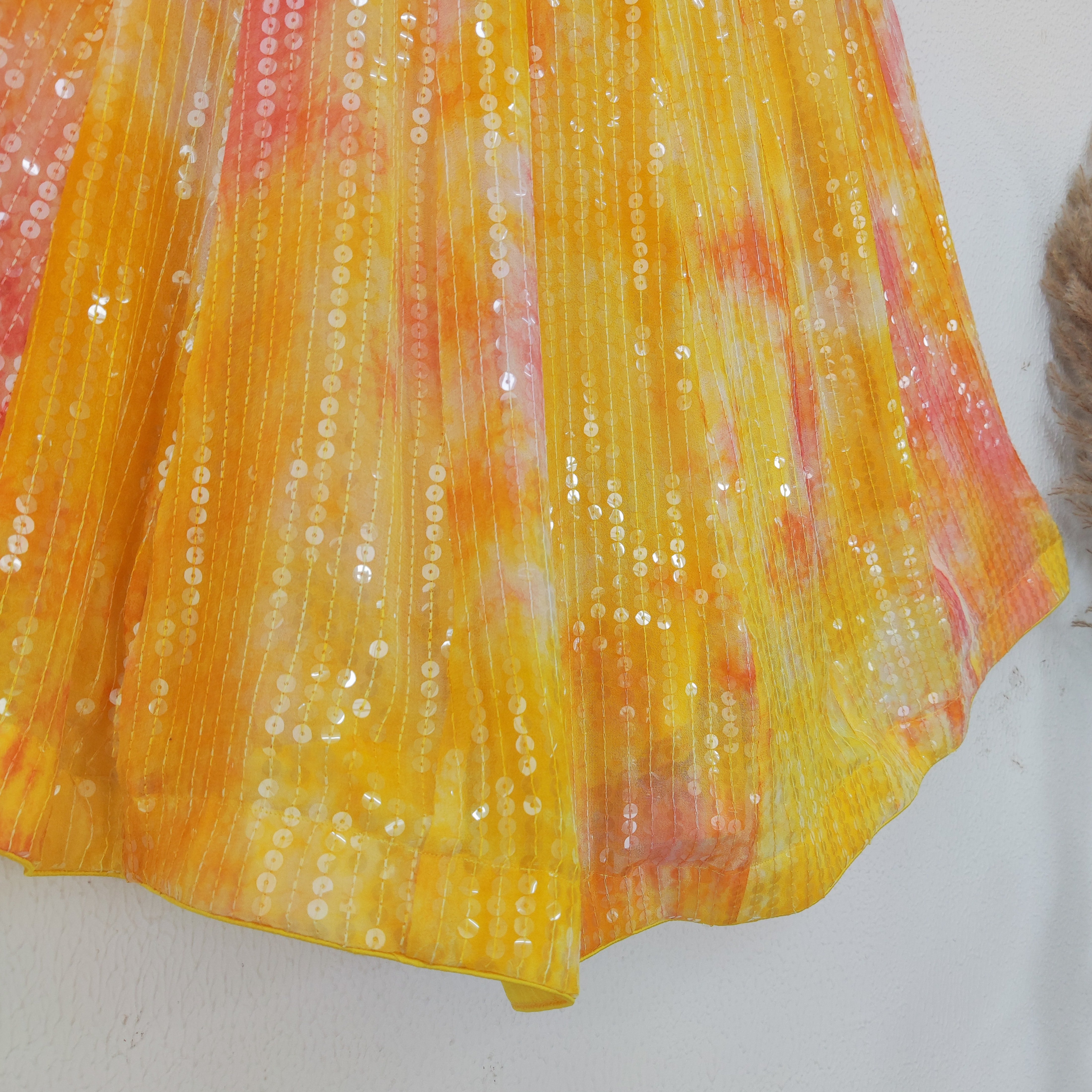 Yellow Pink Shibori Sequin-work Kids Lehenga