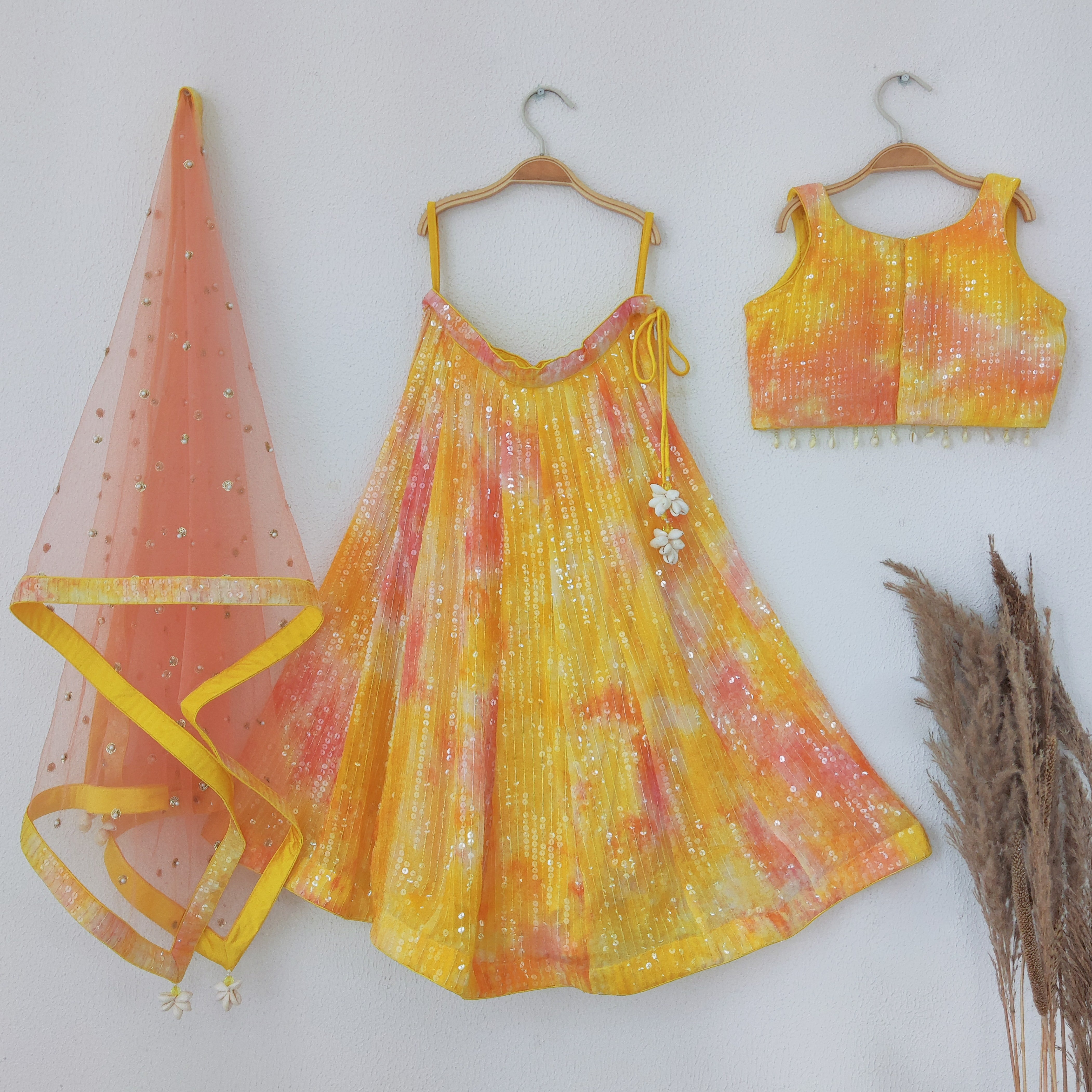 Yellow Pink Shibori Sequin-work Kids Lehenga