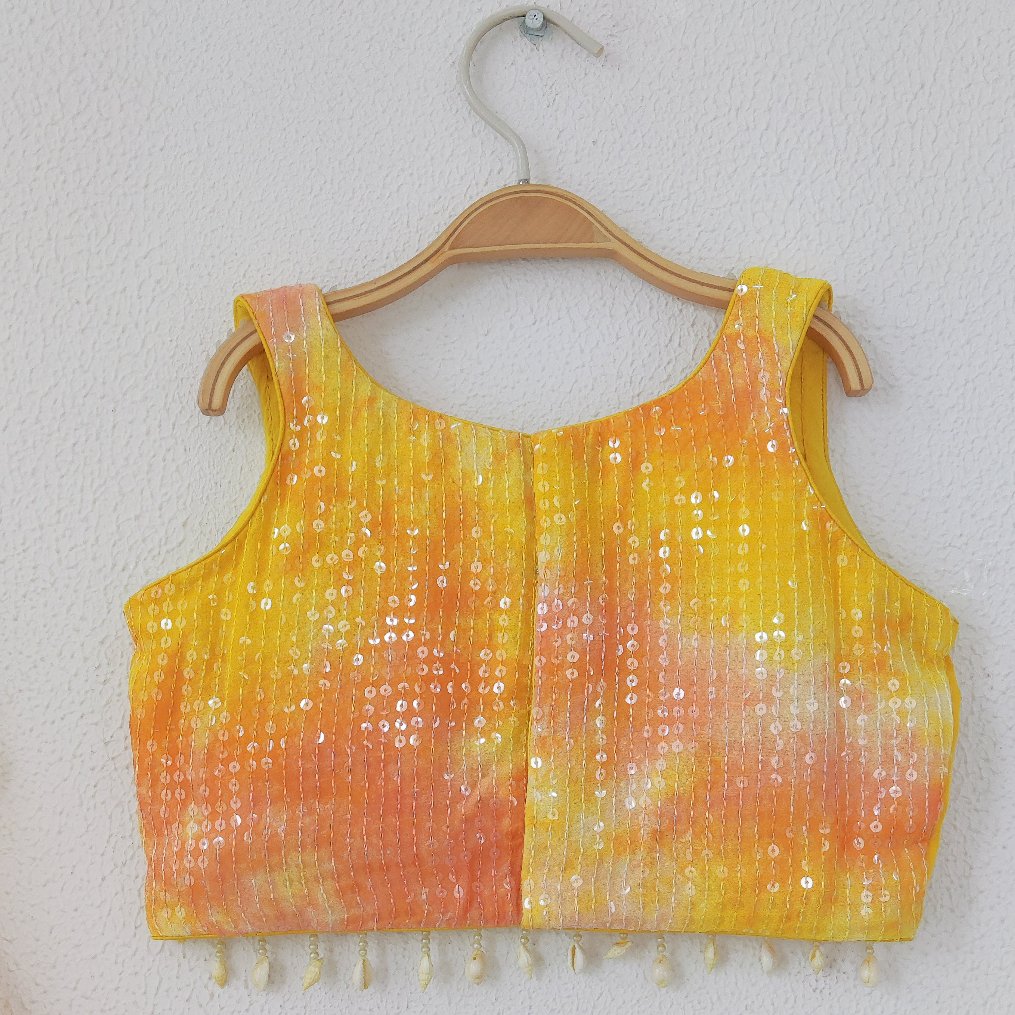 Yellow Pink Shibori Sequin-work Kids Lehenga