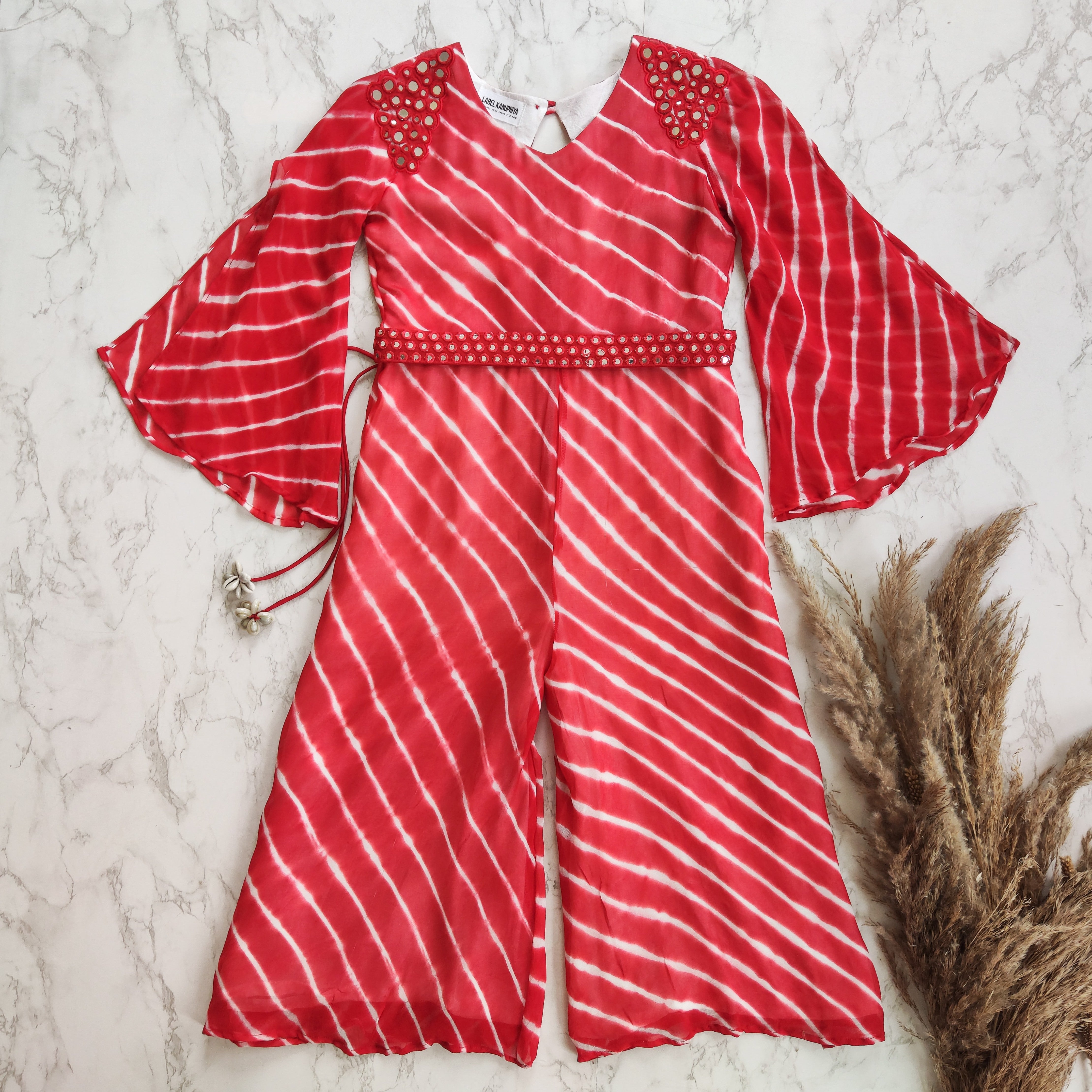 Red & White Leheriya Mirrorwork Jumpsuit with Mirrorwork Belt (KIDS)