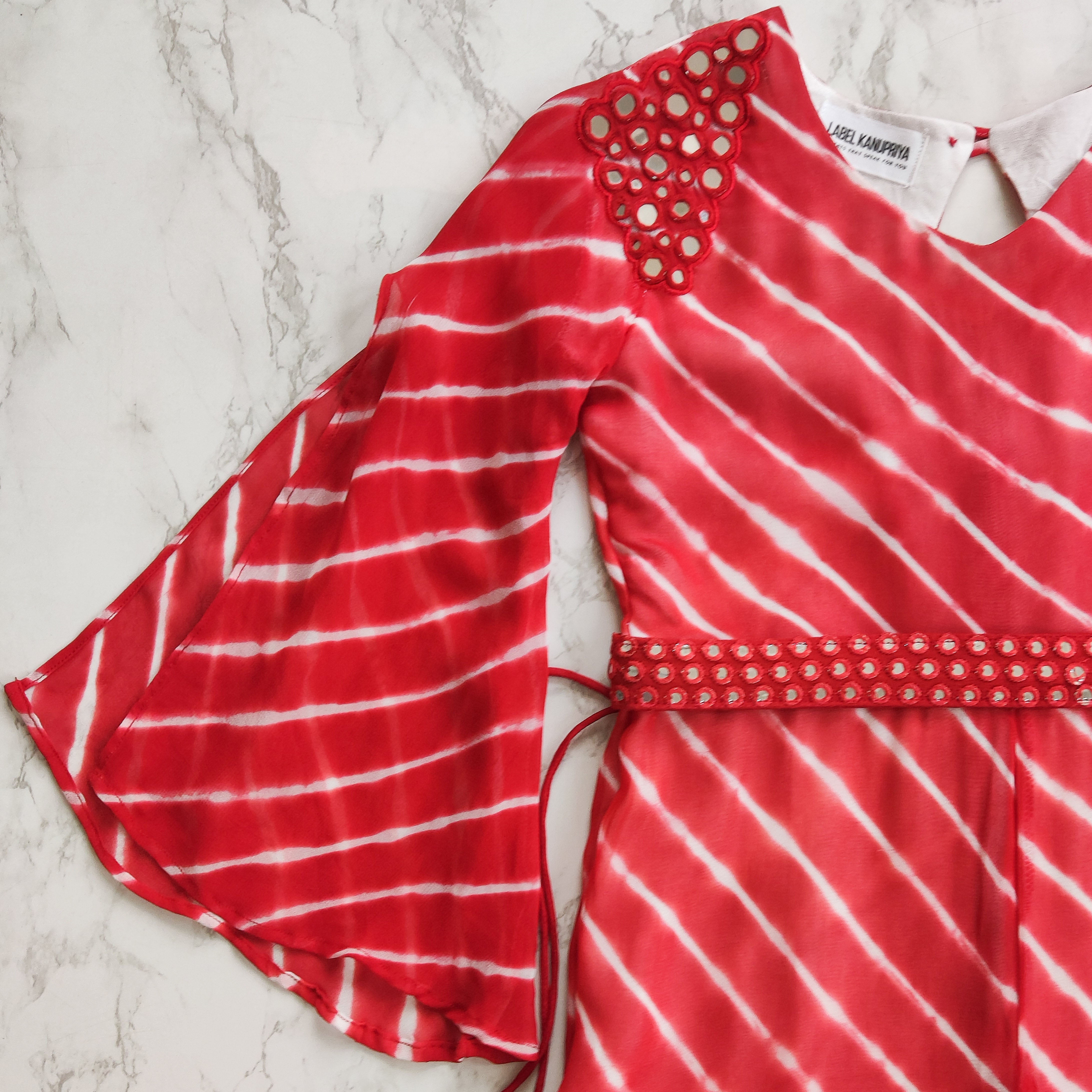 Red & White Leheriya Mirrorwork Jumpsuit with Mirrorwork Belt (KIDS)
