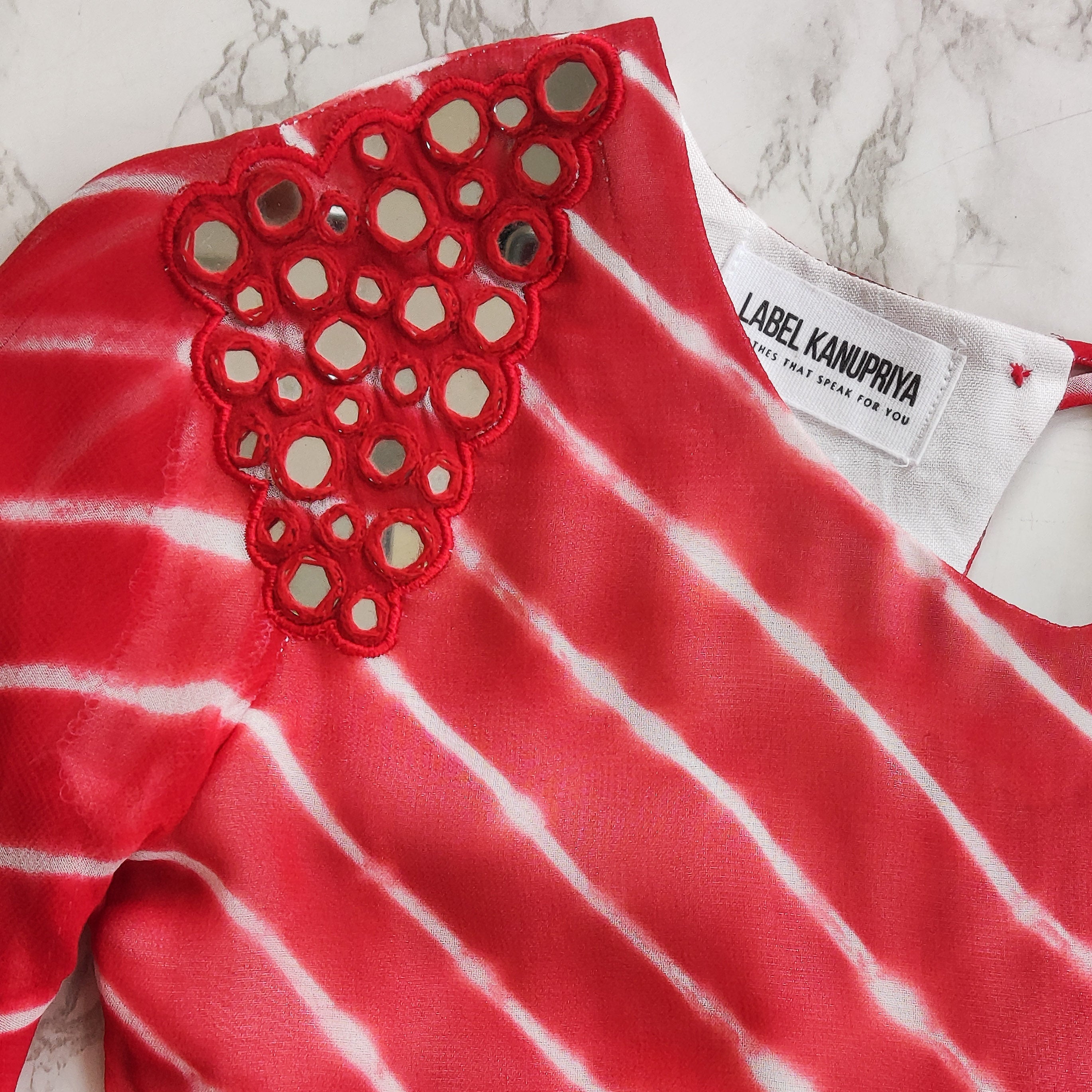 Red & White Leheriya Mirrorwork Jumpsuit with Mirrorwork Belt (KIDS)