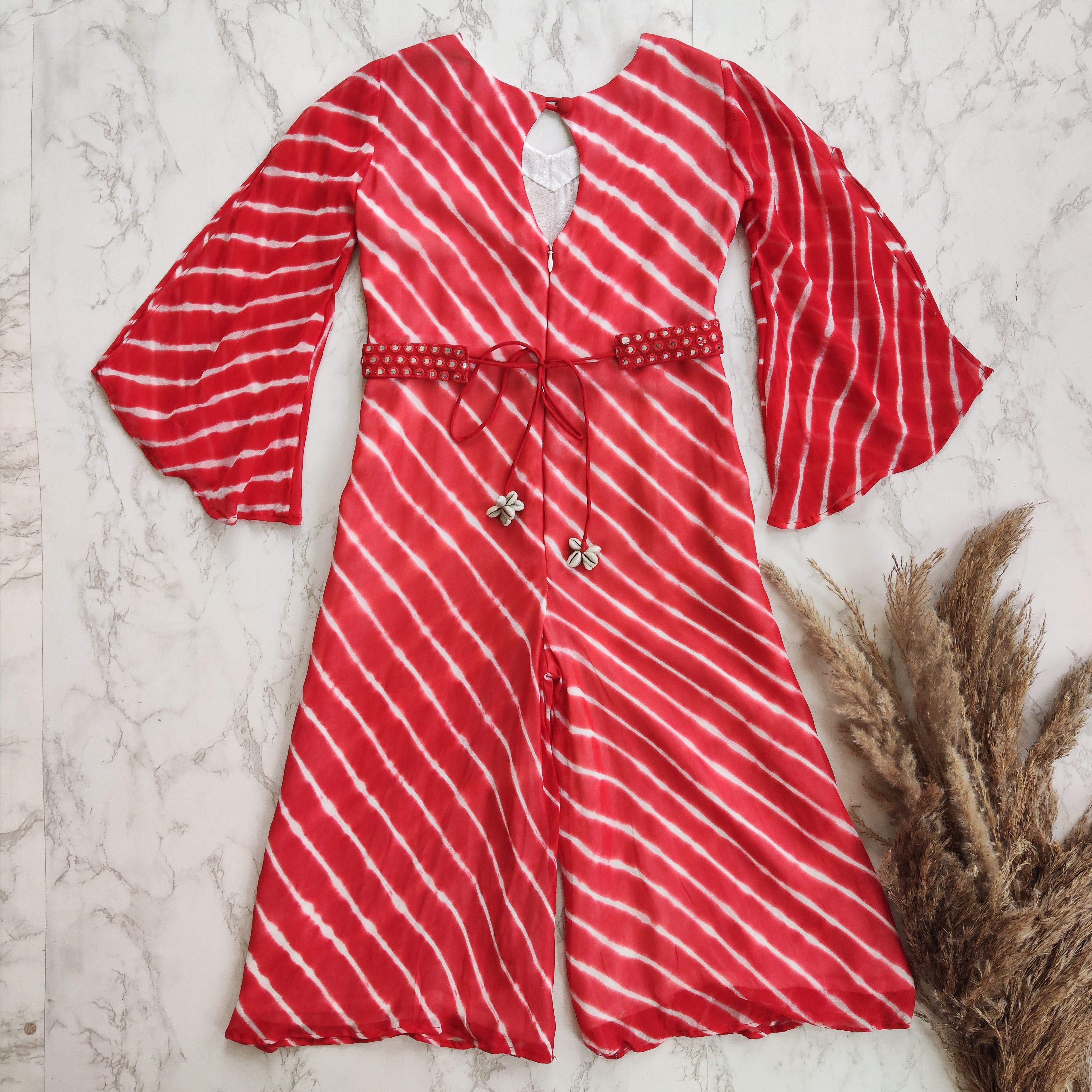 Red & White Leheriya Mirrorwork Jumpsuit with Mirrorwork Belt (KIDS)