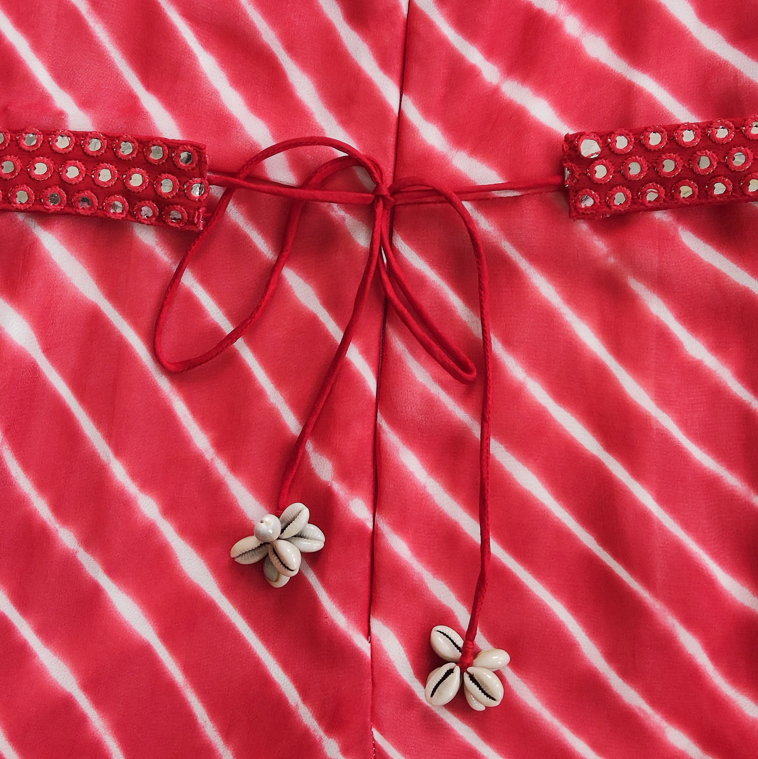 Red & White Leheriya Mirrorwork Jumpsuit with Mirrorwork Belt (KIDS)