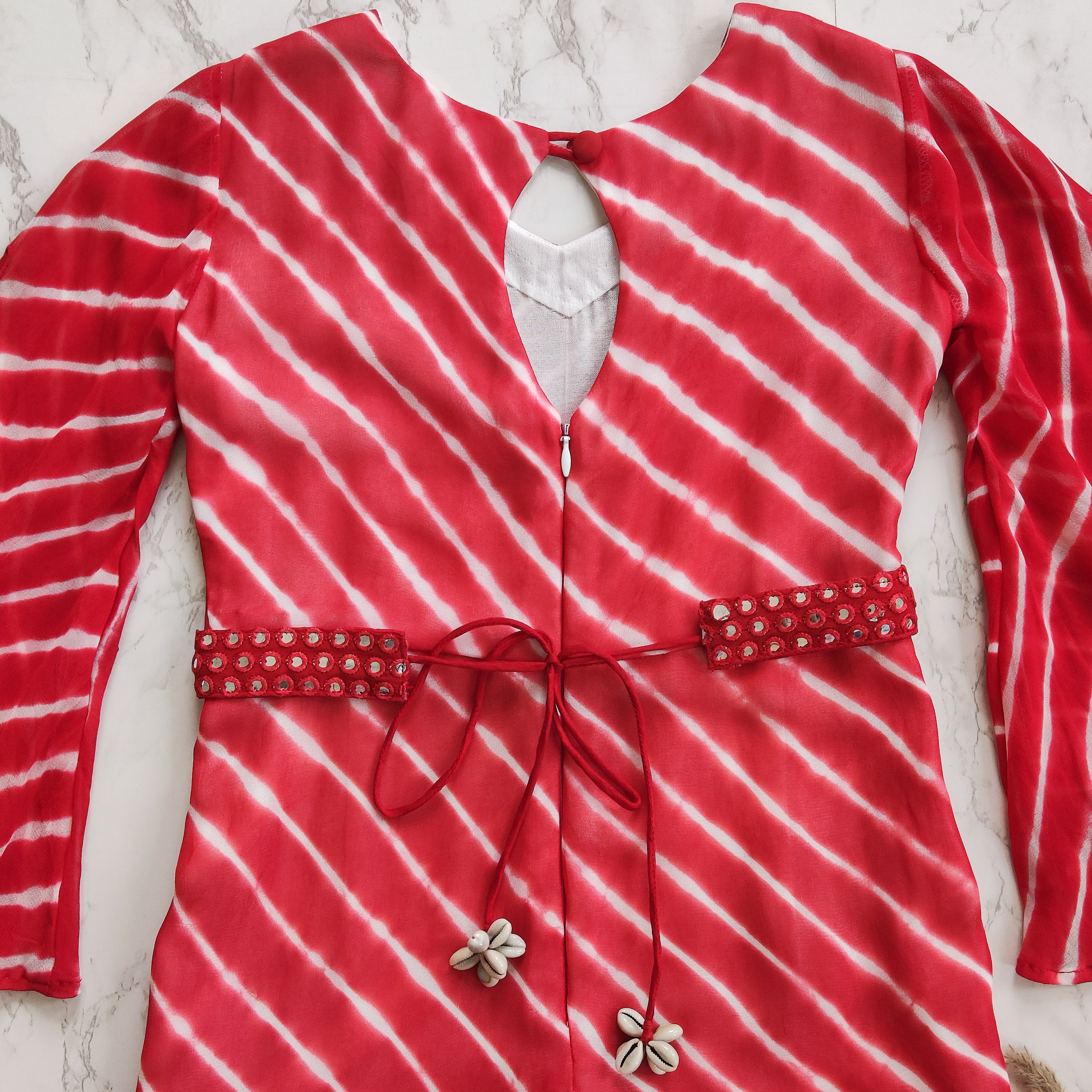Red & White Leheriya Mirrorwork Jumpsuit with Mirrorwork Belt (KIDS)